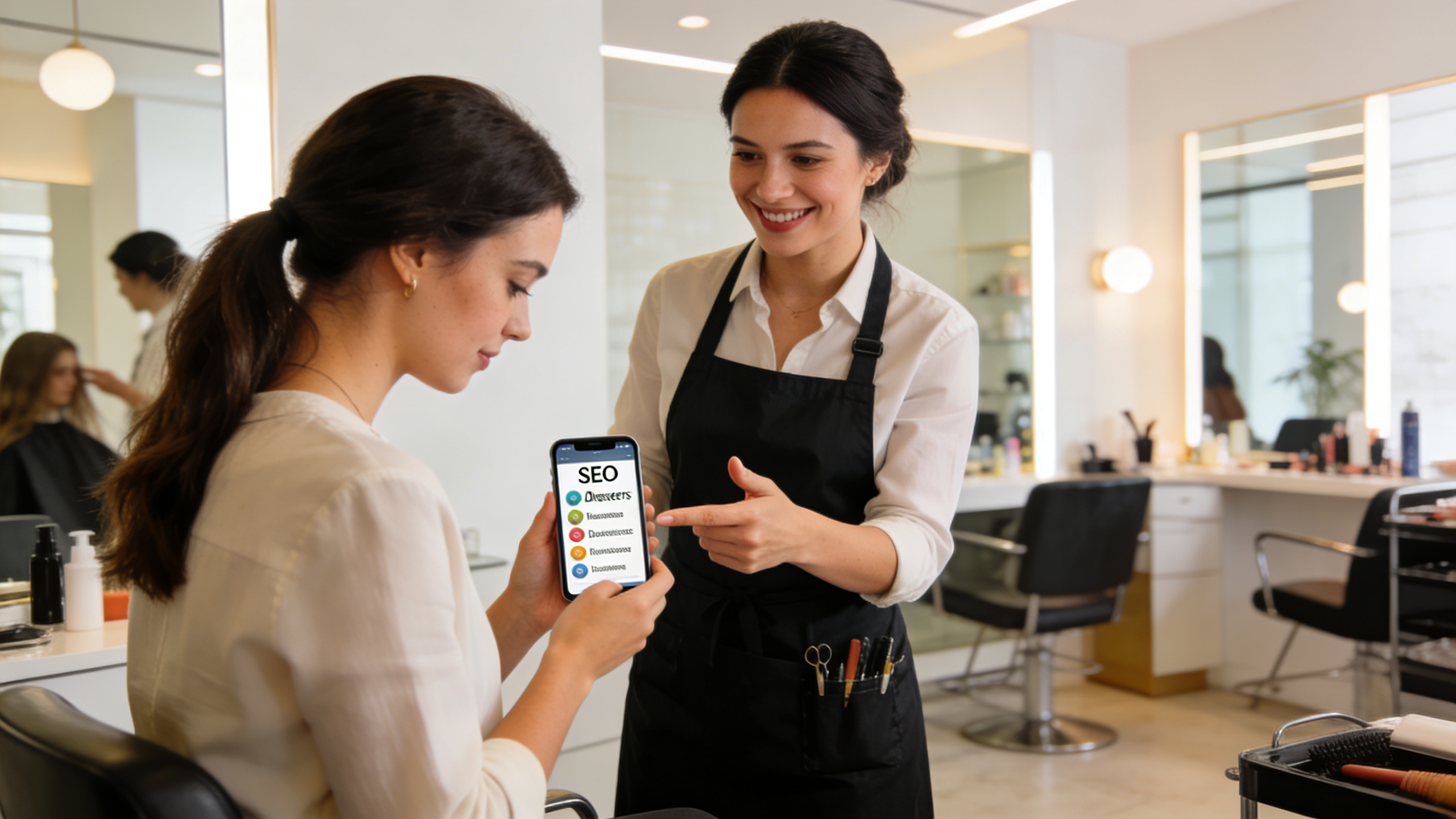 Coiffeuse souriante expliquant l'importance du texte alt à une cliente attentive sur un smartphone, l'écran affichant des mots-clés SEO pour coiffeurs. Scène lumineuse et engageante, style photo éditorial.