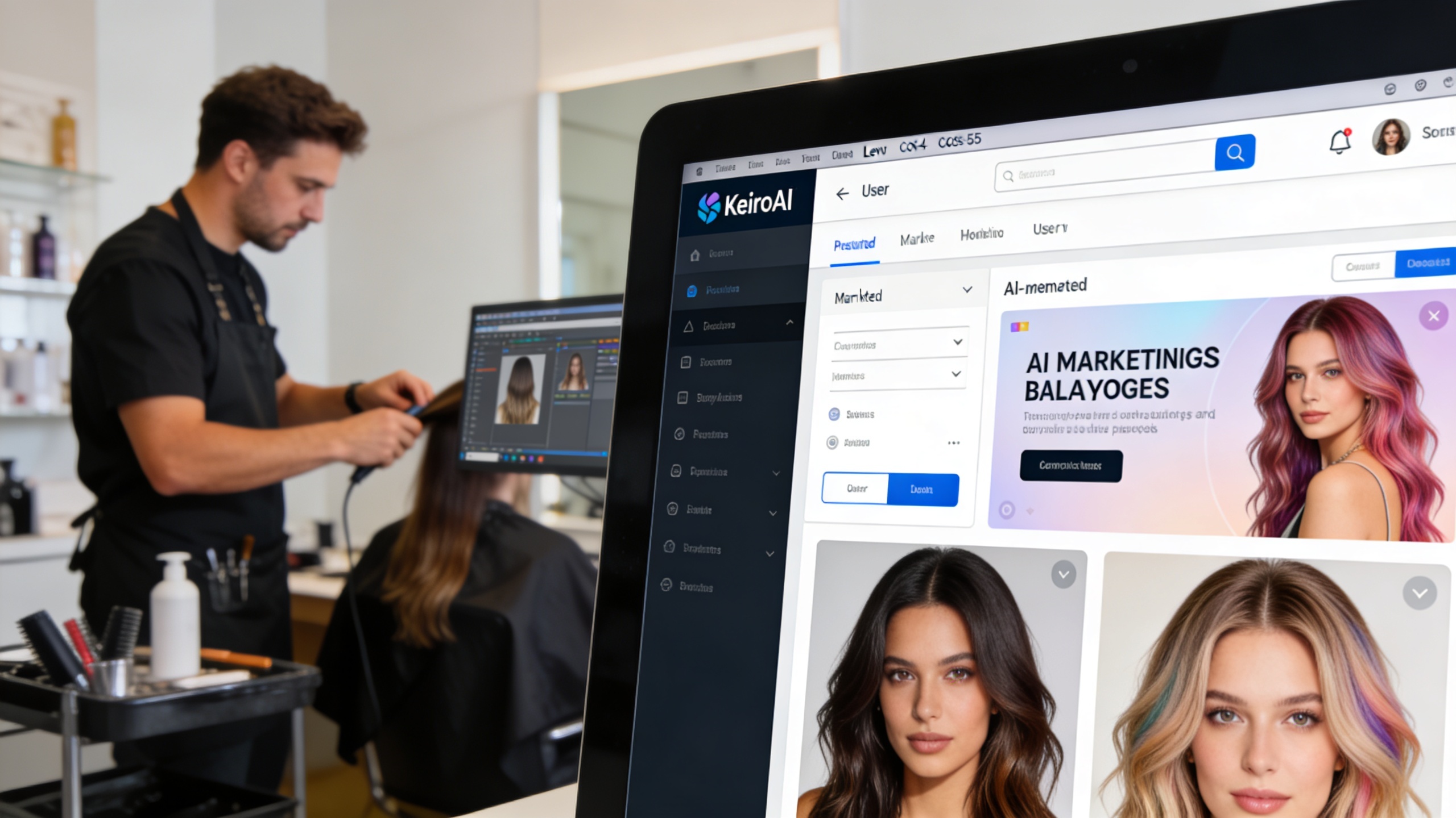 Interface utilisateur de KeiroAI montrant un coiffeur générant des visuels marketing par IA, avec des exemples de coiffures tendance et de balayages, sur un écran d'ordinateur moderne. Lumière douce, ambiance créative et technologique.