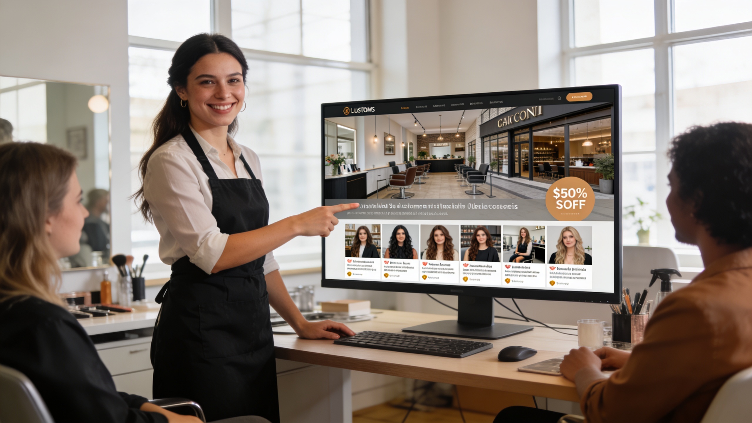 Coiffeuse souriante montrant un Google Business Profile optimisé sur un grand écran, avec des photos de haute qualité de son salon et des avis clients positifs. Ambiance de travail moderne et collaborative.