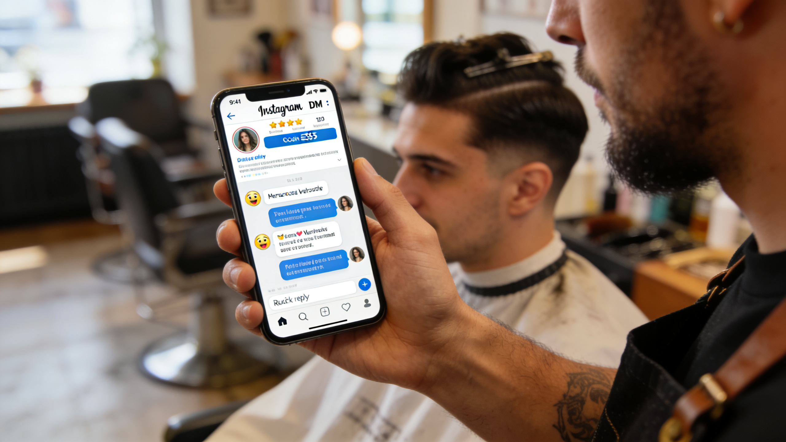 Coiffeur engageant une conversation personnalisée via Instagram DM sur un smartphone, montrant des bulles de discussion avec des emojis et des options de rendez-vous. Lumière douce et ambiance conviviale.