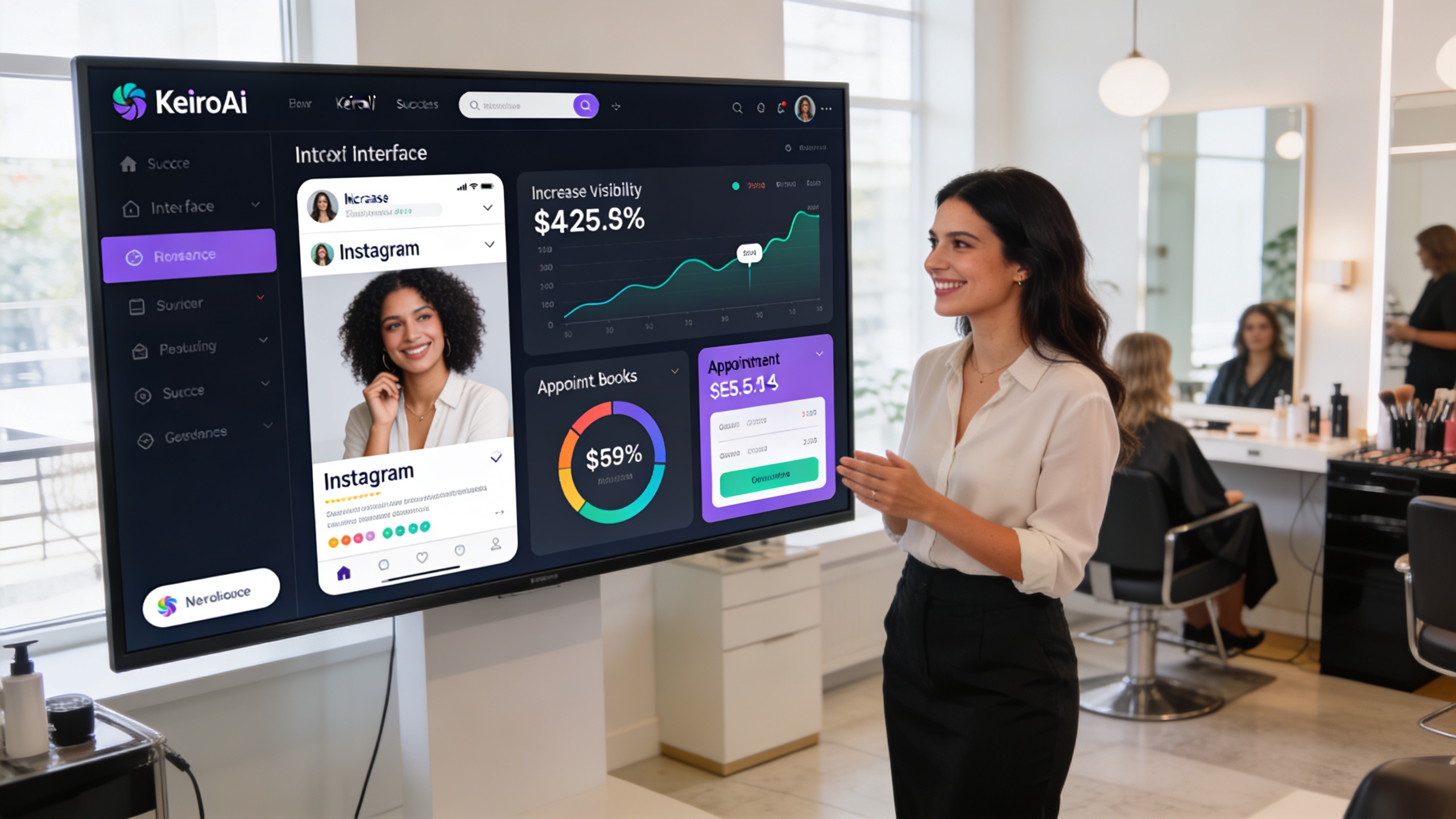 Propriétaire de salon de coiffure souriant et confiant, regardant une interface KeiroAI qui affiche une augmentation significative de la visibilité Instagram et du nombre de rendez-vous. L'ambiance est celle d'un succès professionnel et d'une technologie accessible.