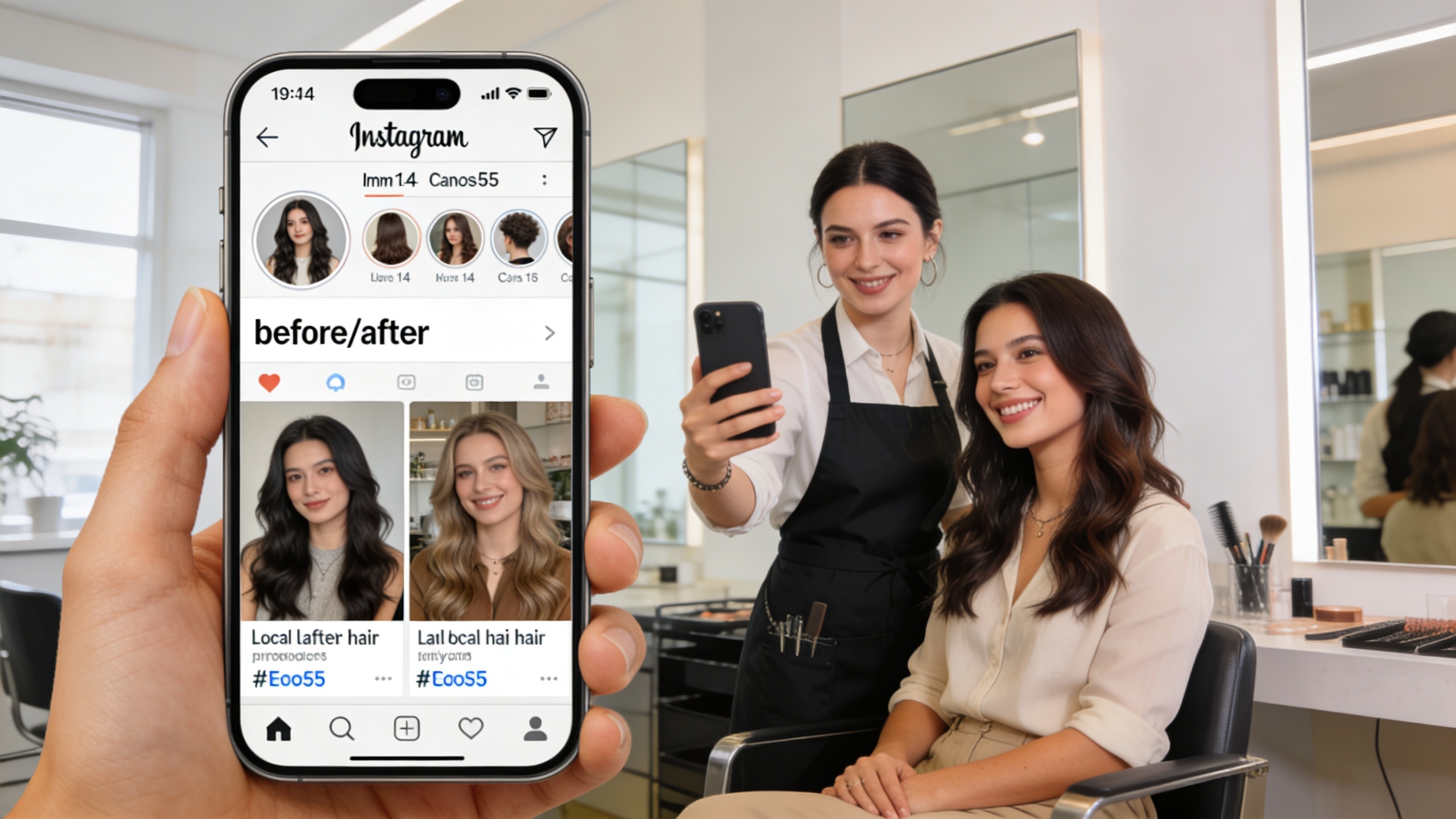 Femme coiffeur créative montrant un smartphone à sa cliente satisfaite, le smartphone affiche des posts Instagram de coiffures avant/après avec des hashtags locaux, ambiance lumineuse et moderne du salon, style photo éditorial magazine