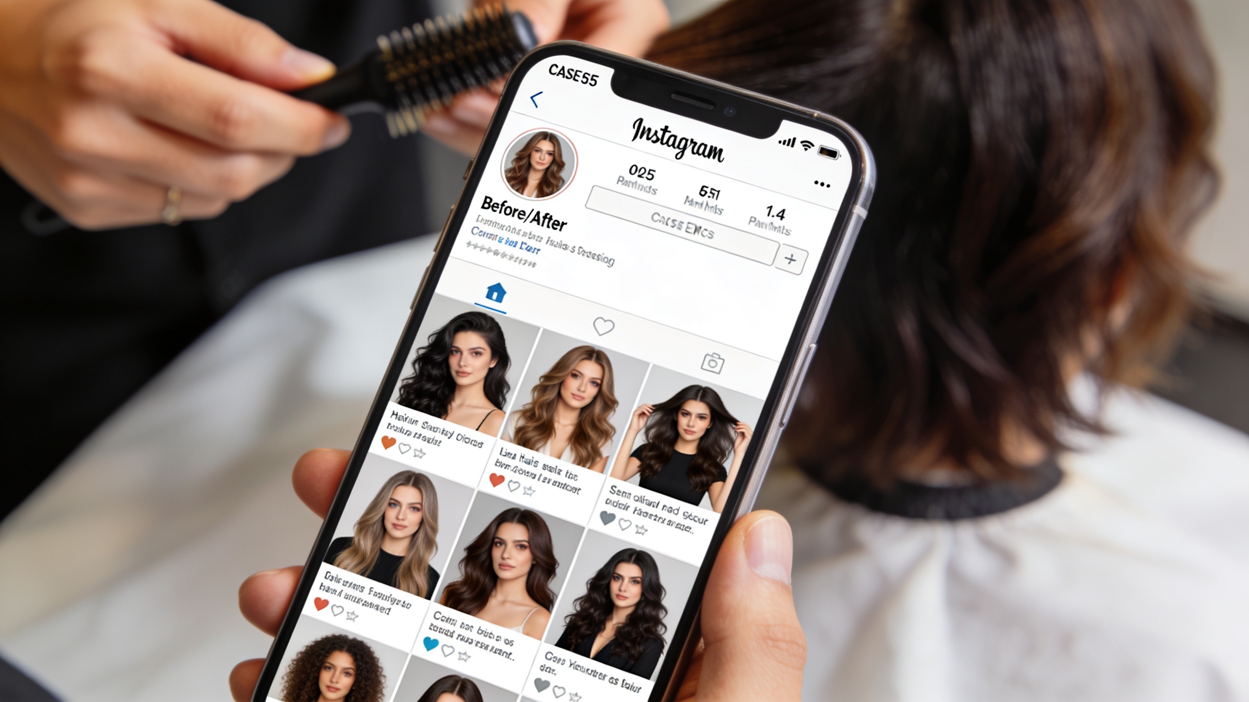 Gros plan sur un smartphone affichant un carrousel Instagram 'Avant/Après' pour des coiffures, avec des likes et commentaires, les mains d'un coiffeur tenant un pinceau en arrière-plan flou, lumière studio, style photo éditorial magazine