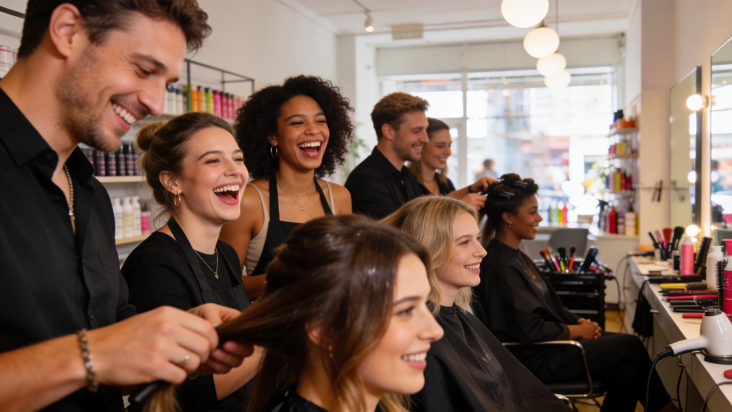 Groupe de coiffeurs riant et interagissant avec des clients dans un salon de coiffure animé, l'ambiance est conviviale et professionnelle, lumière naturelle, style photo éditorial magazine