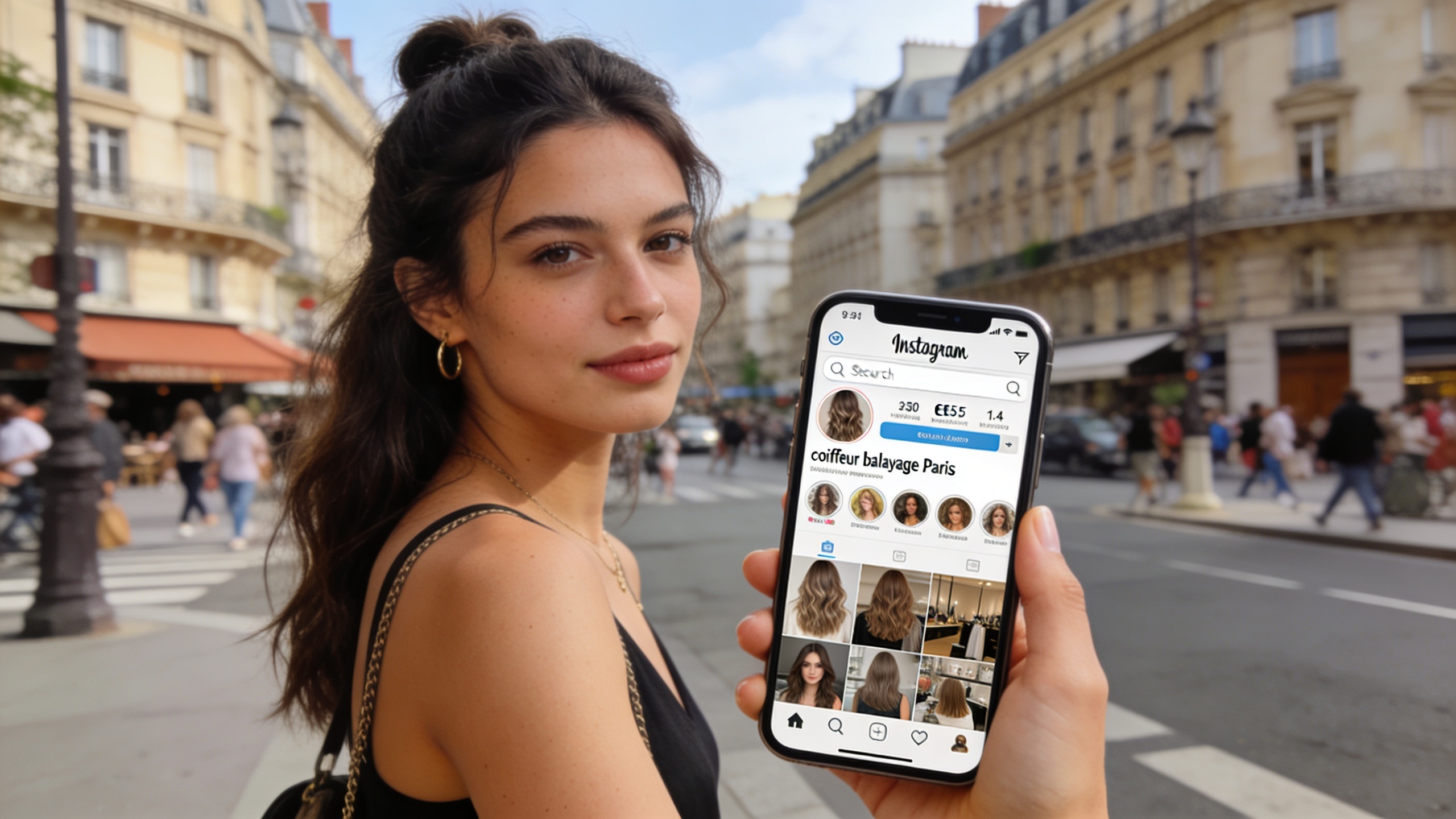 Femme recherchant 'coiffeur balayage Paris' sur l'application Instagram, l'écran de son smartphone affichant des résultats pertinents avec des photos de salons et des profils optimisés, ambiance urbaine en arrière-plan, style photo éditorial magazine, lumière naturelle, composition cinématique.