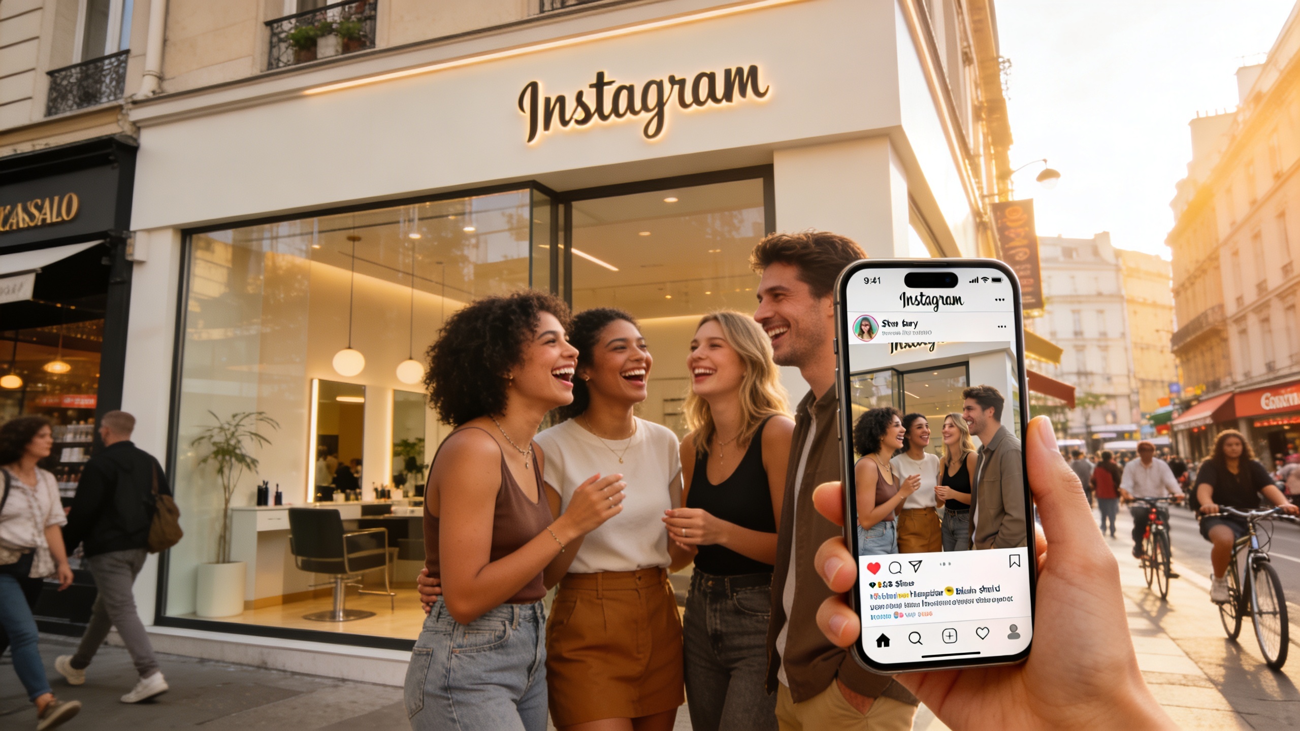 Groupe d'amis discutant et riant devant un salon de coiffure moderne et accueillant, l'un d'eux montrant une story Instagram géolocalisée du salon sur son téléphone, ambiance urbaine animée, style photo éditorial magazine, lumière naturelle, composition cinématique.