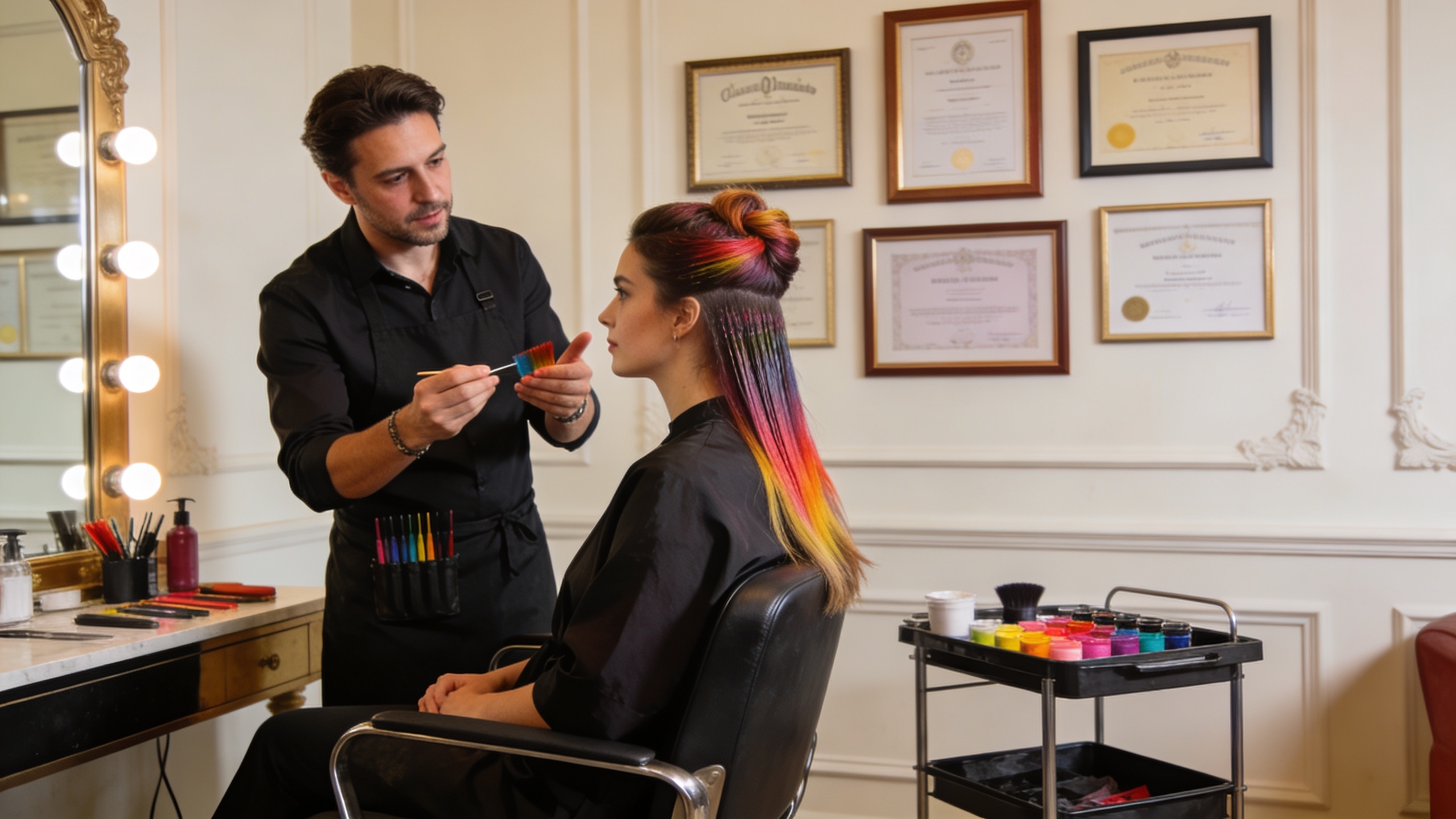 Coiffeur expert expliquant avec passion les techniques de coloration à une cliente attentive, dans un cadre professionnel et élégant, des diplômes encadrés sur le mur, lumière chaude et accueillante, style photo éditorial magazine, composition cinématique.