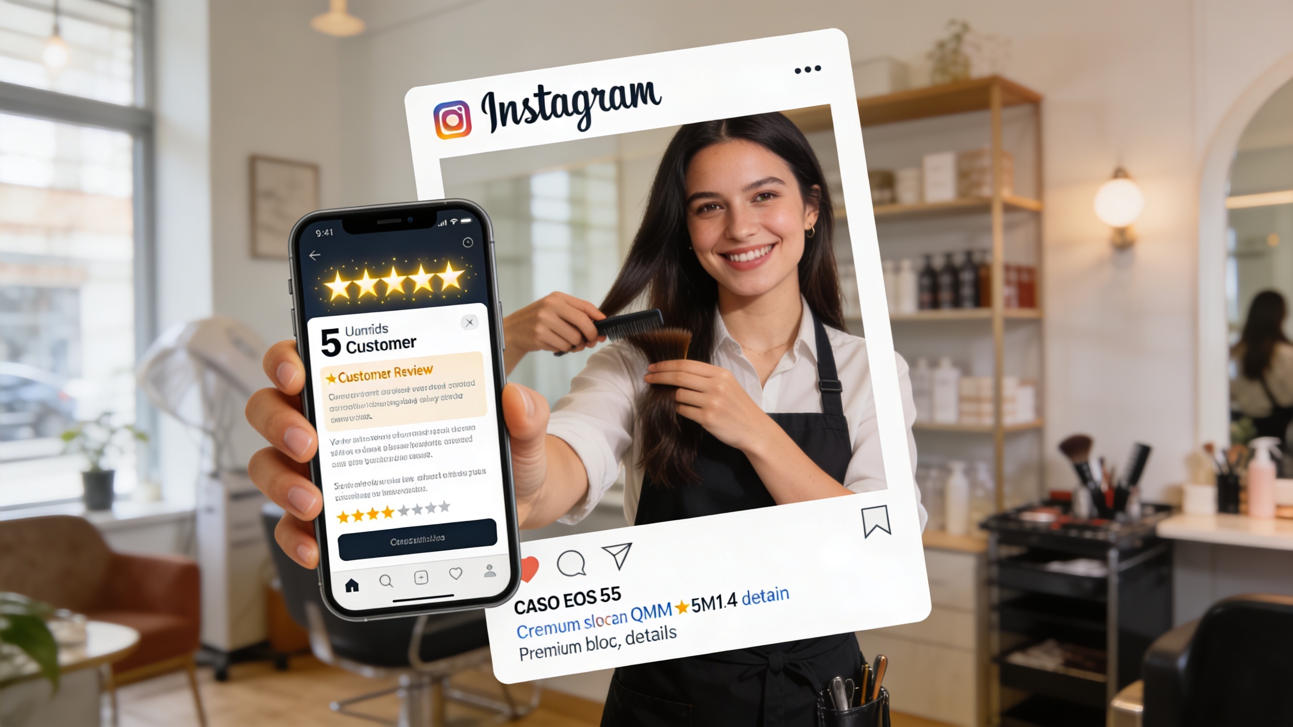 Coiffeuse souriante tenant un smartphone affichant un avis client 5 étoiles élogieux sur son salon, l'avis est mis en avant sur un post Instagram, ambiance conviviale du salon, style photo éditorial magazine, lumière naturelle, composition cinématique.