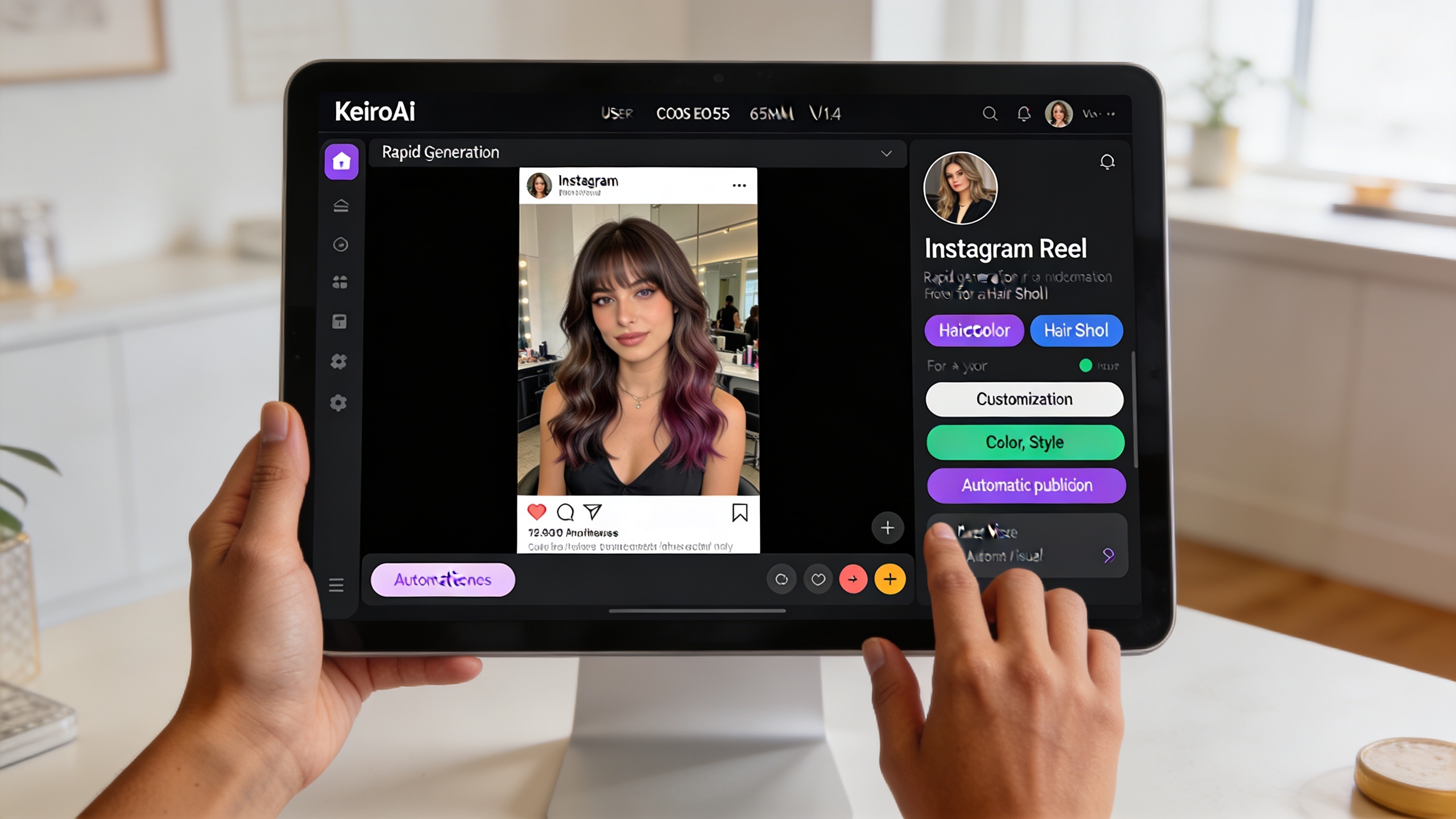 Interface utilisateur de KeiroAI montrant la génération rapide d'un Reel Instagram pour un salon de coiffure, avec des options de personnalisation et de publication automatique, design moderne et intuitif, style photo éditorial magazine, lumière naturelle, composition cinématique.