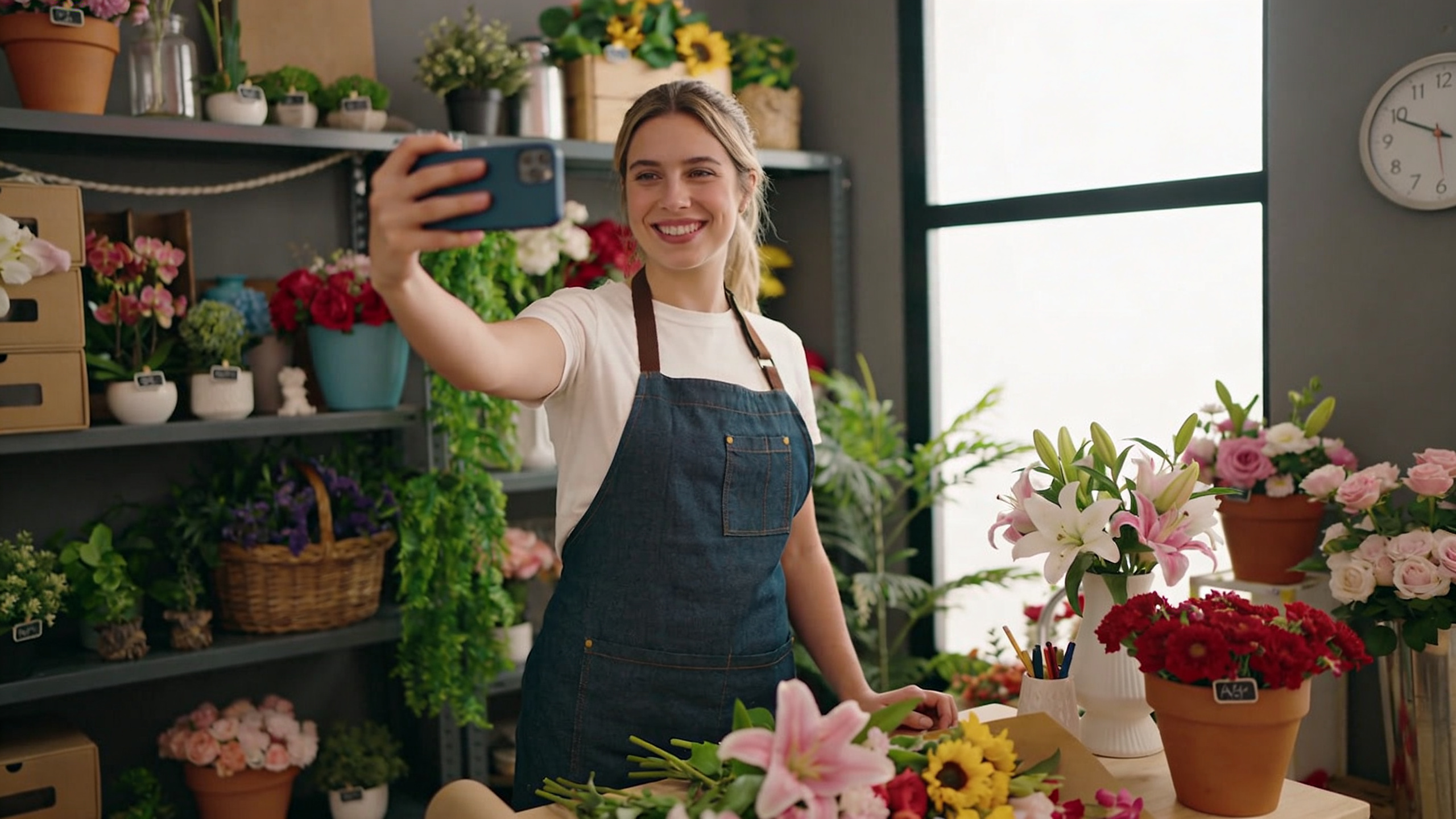Jeune fleuriste femme souriante enregistrant une story Instagram avec son smartphone, montrant un aperçu de son atelier de création floral, ambiance conviviale et authentique, style vlog.