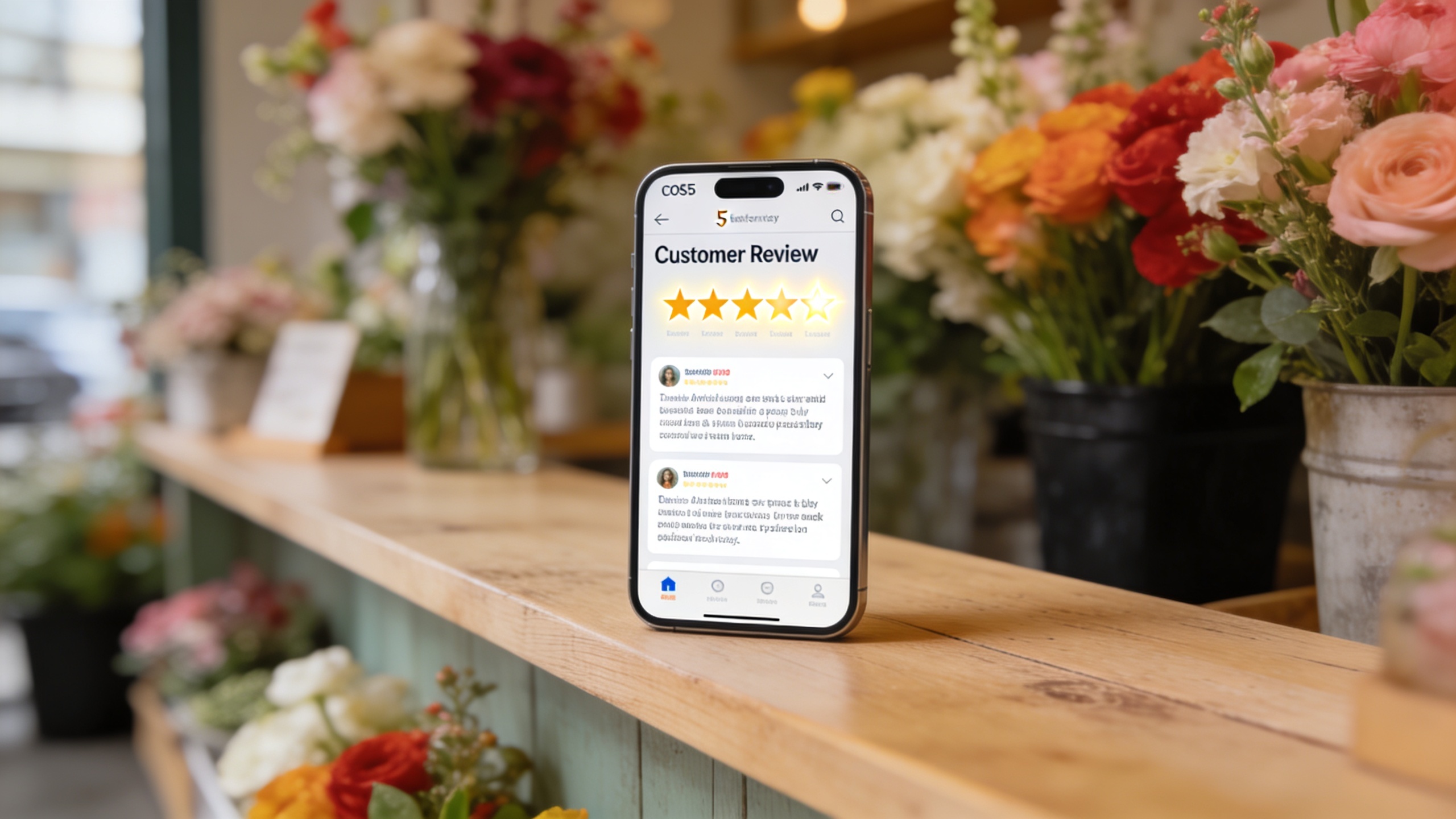Gros plan sur un smartphone affichant une application de gestion des avis clients, avec des commentaires positifs et des étoiles, posé sur un comptoir de fleuriste en bois, ambiance moderne et professionnelle.