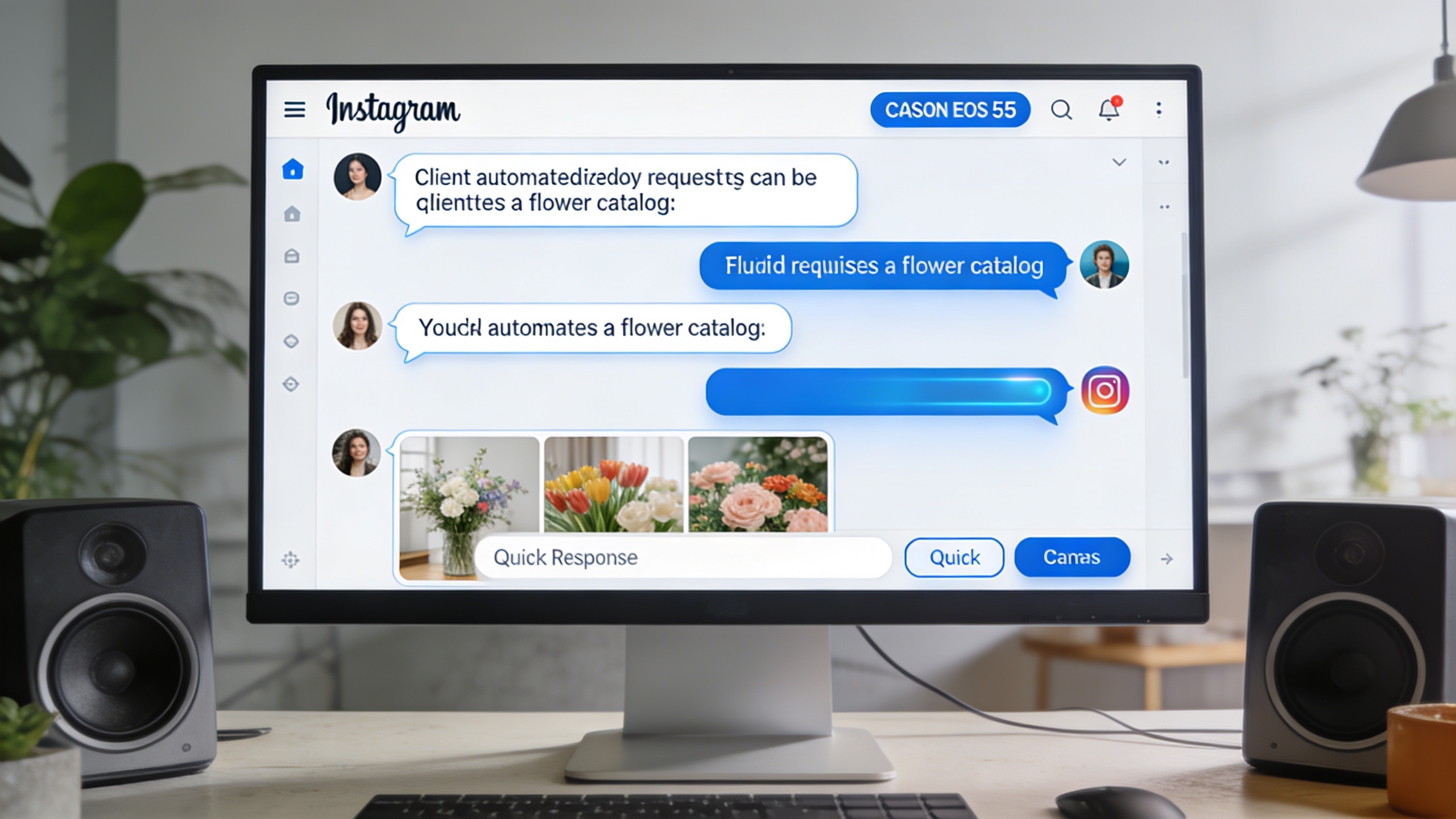 Interface d'un chatbot Instagram sur un écran d'ordinateur, montrant un échange automatisé avec un client demandant un catalogue de fleurs, avec des bulles de conversation fluides et des options de réponse rapide, style futuriste et épuré.