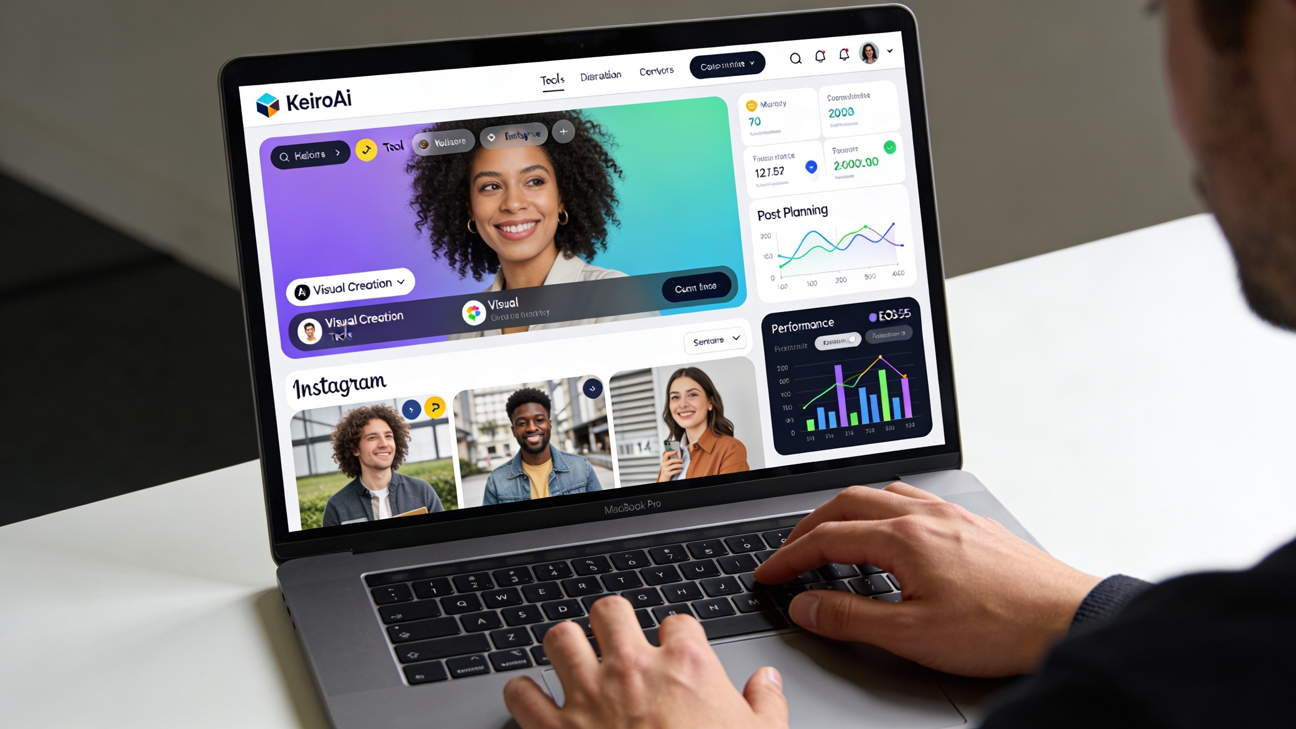 Interface utilisateur de la plateforme KeiroAI sur un ordinateur portable, montrant des outils de génération de visuels IA et de planification de posts pour Instagram, avec des graphiques de performance, ambiance tech moderne et intuitive.