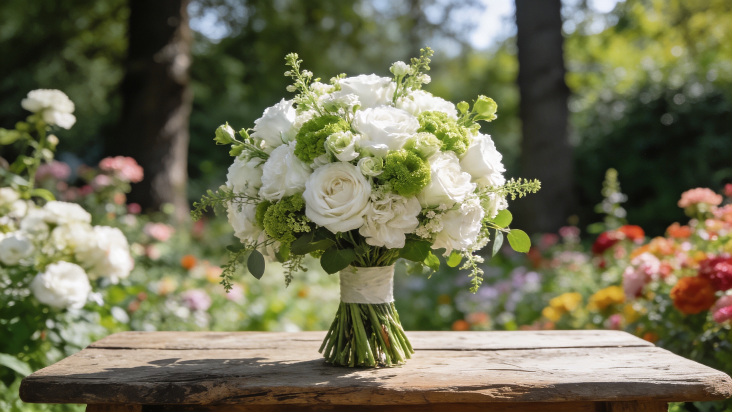Un magnifique bouquet de mariage blanc et vert, posé sur une table en bois rustique dans un jardin fleuri. La lumière du soleil filtre à travers les arbres, créant des ombres douces. Ambiance romantique et élégante. Style photo de mariage, focus sur le bouquet.