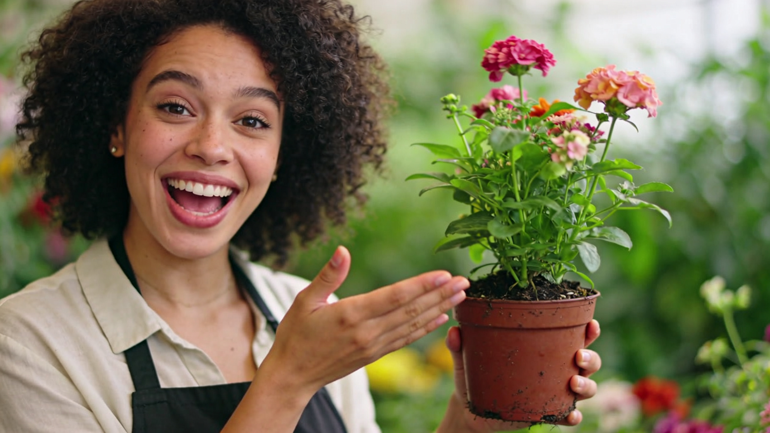 Une fleuriste joyeuse et pétillante, filmée en gros plan, donnant des conseils d'entretien pour les plantes en pot avec des gestes explicatifs. Son visage est expressif et engageant. Fond flou de plantes vertes. Style vidéo tutoriel, ambiance chaleureuse.