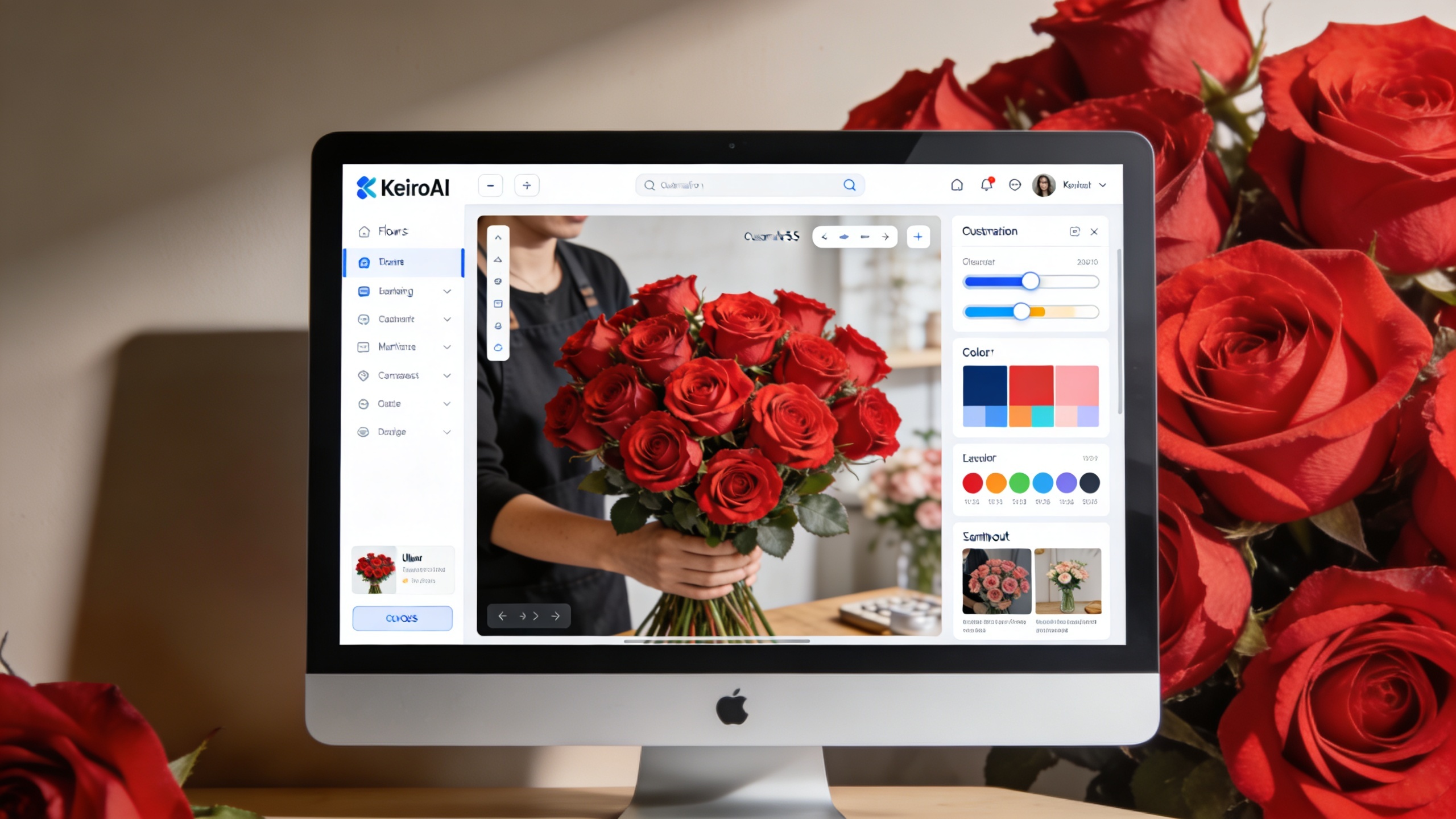 Interface utilisateur épurée de KeiroAI sur un écran d'ordinateur, montrant un fleuriste utilisant la plateforme pour générer un visuel marketing de bouquet de roses rouges. Des options de personnalisation sont visibles. Ambiance futuriste et simple. Style UI/UX design, net et moderne.