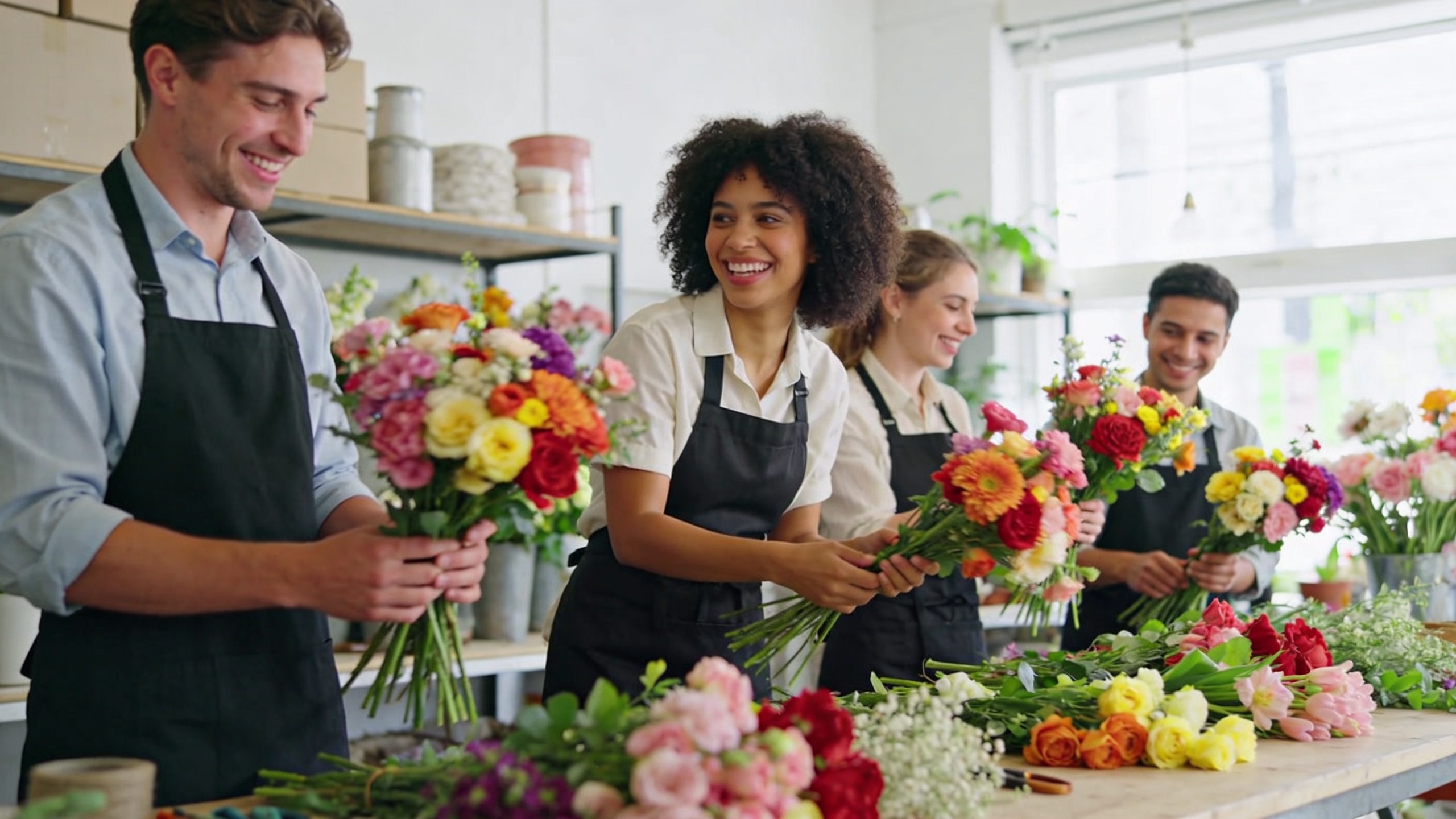Un groupe de fleuristes souriants et énergiques, travaillant ensemble dans un atelier de fleurs lumineux. Ils portent des tabliers et manipulent des fleurs colorées avec passion. Ambiance de travail collaborative et joyeuse. Style photo de groupe, naturel et authentique.