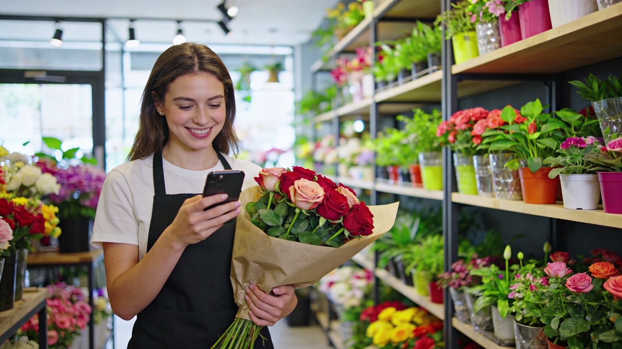 Une jeune femme cliente souriante tenant un bouquet de roses dans une boutique de fleurs moderne, utilisant son smartphone pour rechercher des hashtags locaux et des fleuristes sur Instagram. La scène est lumineuse et chaleureuse, avec des étagères remplies de plantes et de fleurs colorées en arrière-plan. Style photo éditoriale, couleurs vives, composition dynamique.