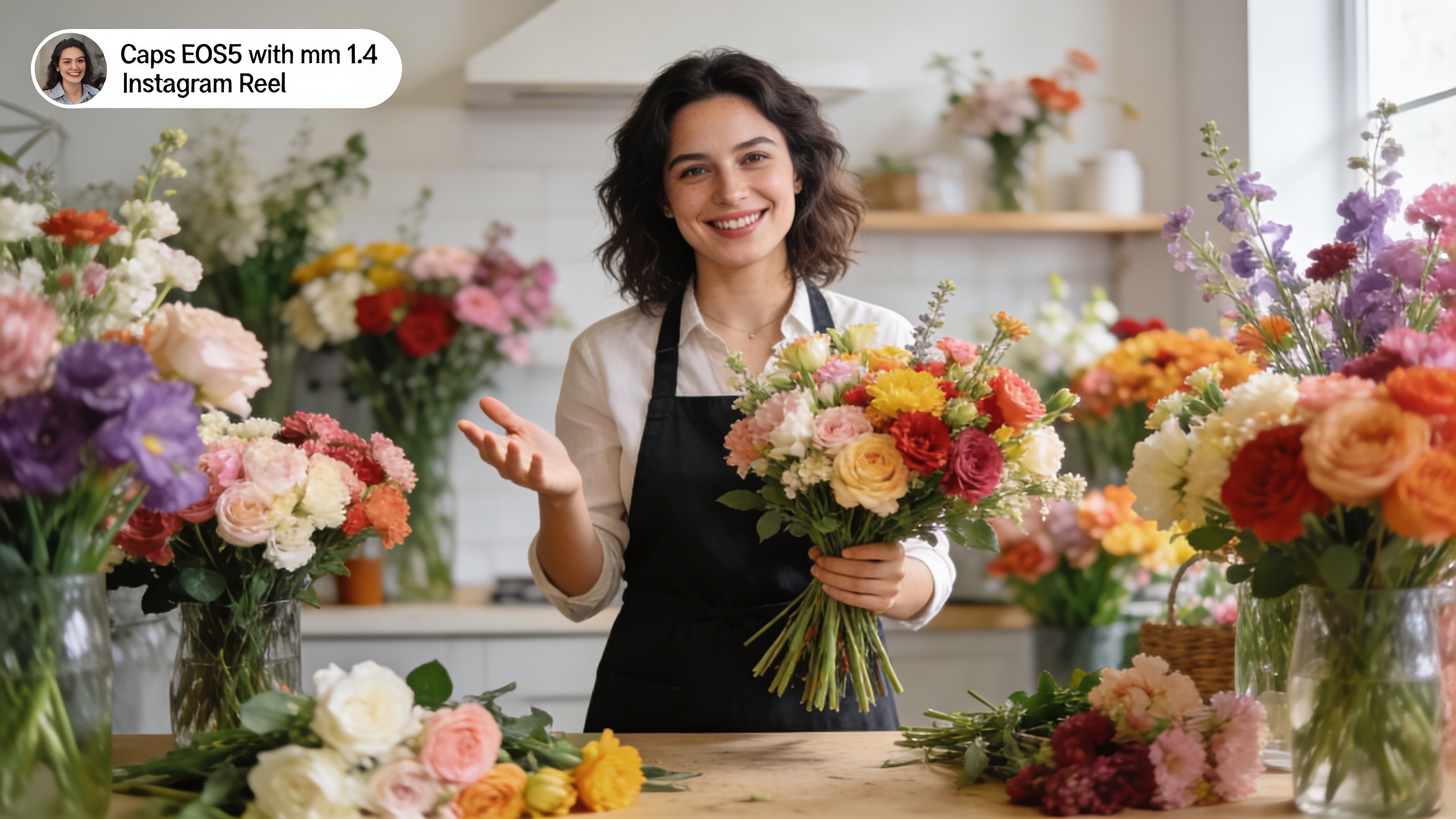 Une fleuriste expliquant à la caméra comment choisir les meilleures fleurs coupées pour un bouquet durable, dans un format Reel Instagram. Elle est souriante et pédagogique, entourée de diverses fleurs colorées. Le style est une vidéo dynamique et lumineuse, avec des sous-titres clairs et une ambiance conviviale, style tutoriel moderne.