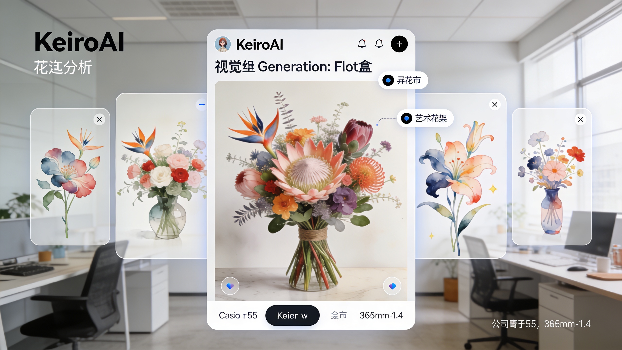 Interface utilisateur de KeiroAI montrant la génération de visuels pour un fleuriste. Un bouquet de fleurs exotiques est affiché dans différents styles artistiques, avec des options de légendes et de hashtags suggérées par l'IA. L'écran est clair et intuitif, dans un environnement de bureau moderne et épuré. Style interface utilisateur futuriste, couleurs douces, composition équilibrée.