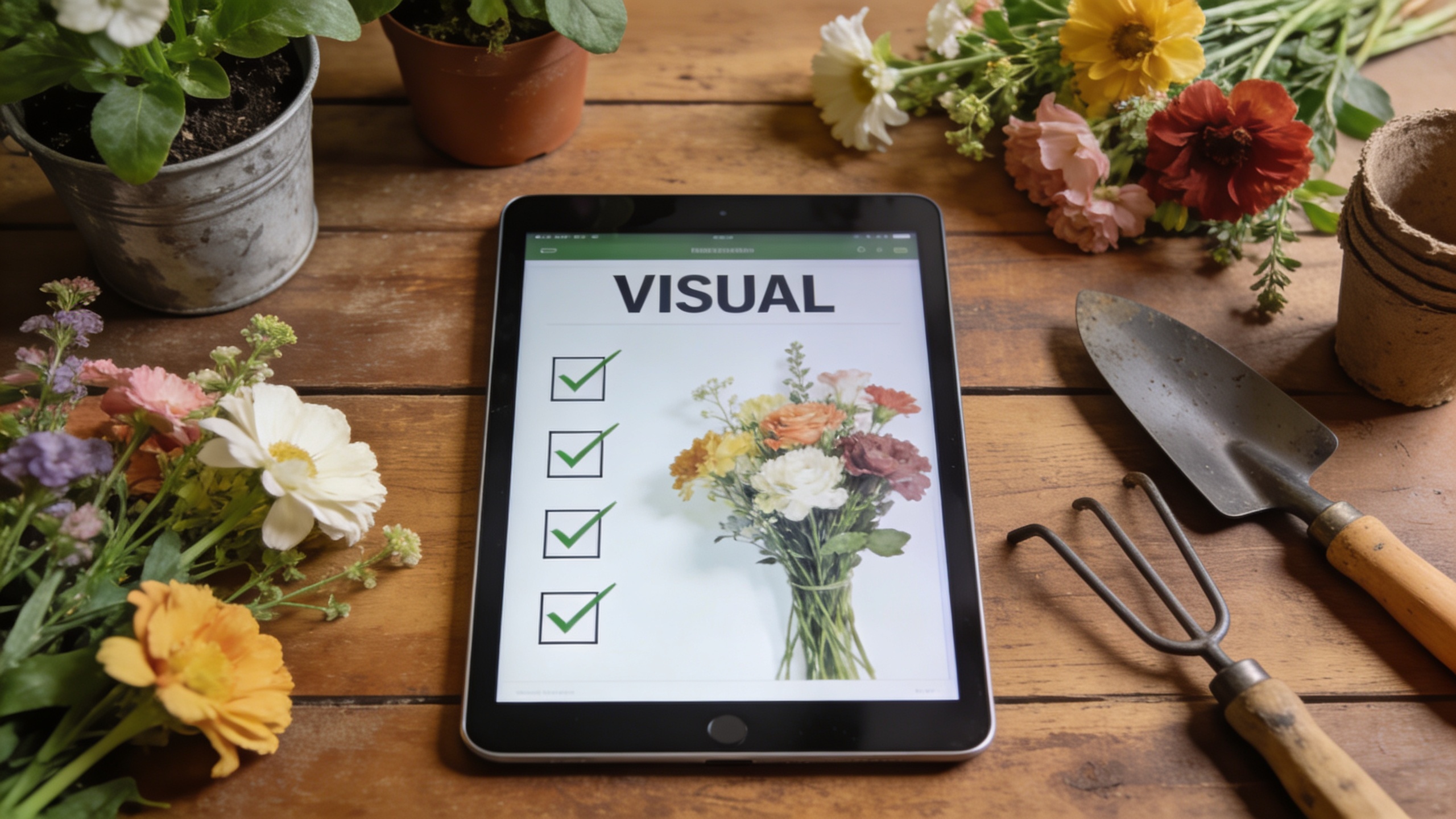 Une liste de contrôle visuelle pour fleuriste sur une tablette, avec des cases cochées pour 'Contenu Original', 'Géolocalisation', 'IA pour légendes', et 'Avis clients'. Des fleurs fraîches et des outils de jardinage sont disposés autour de la tablette sur une table en bois. Le style est une photographie de flat lay propre et organisée, lumière douce, couleurs naturelles, ambiance studieuse mais créative.