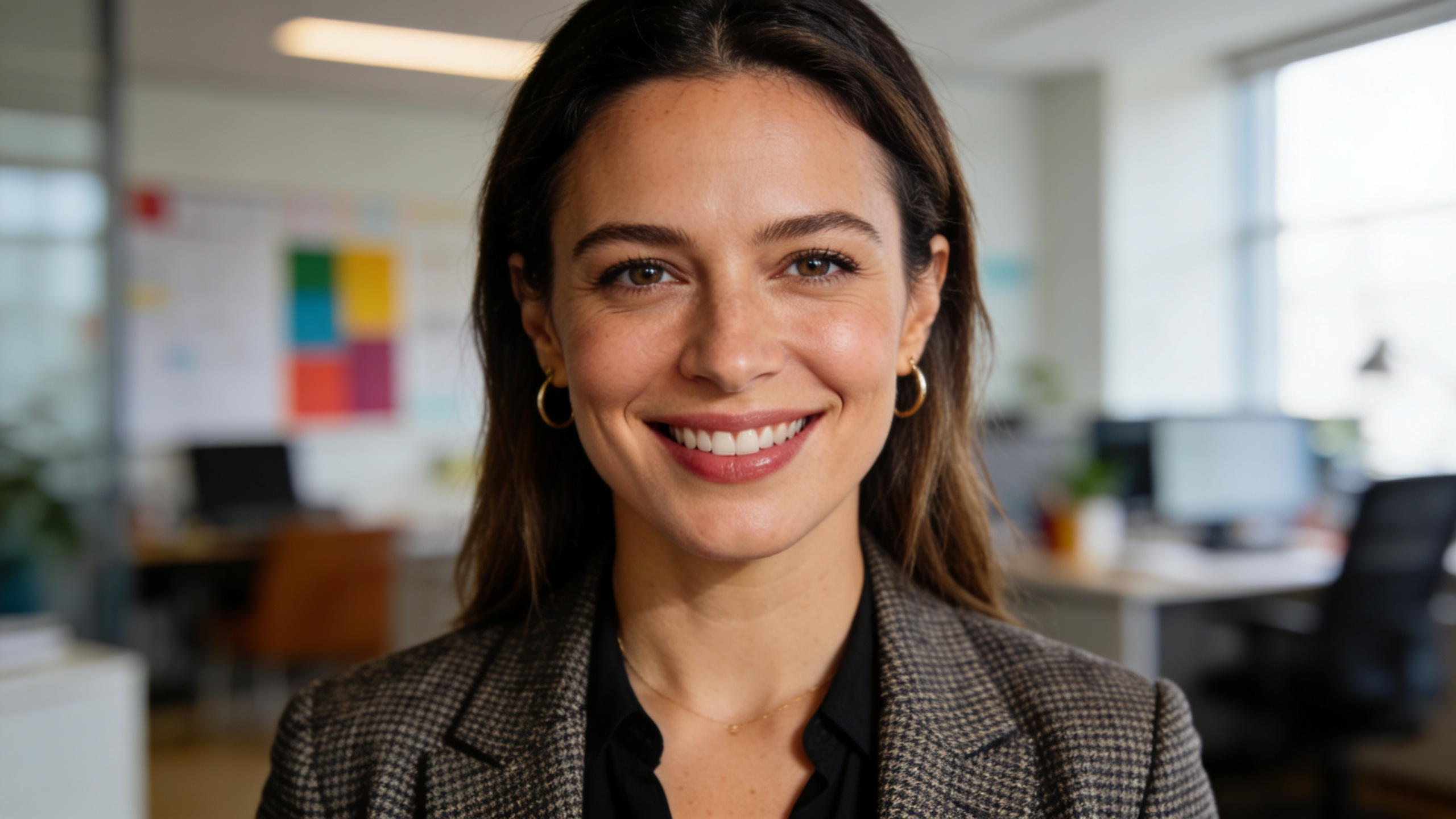 Portrait en gros plan d'une coach freelance charismatique, souriante et regardant directement l'objectif, avec un fond flou mais professionnel. Mise au point nette sur le visage, lumière douce et naturelle, style photo de marque personnelle.