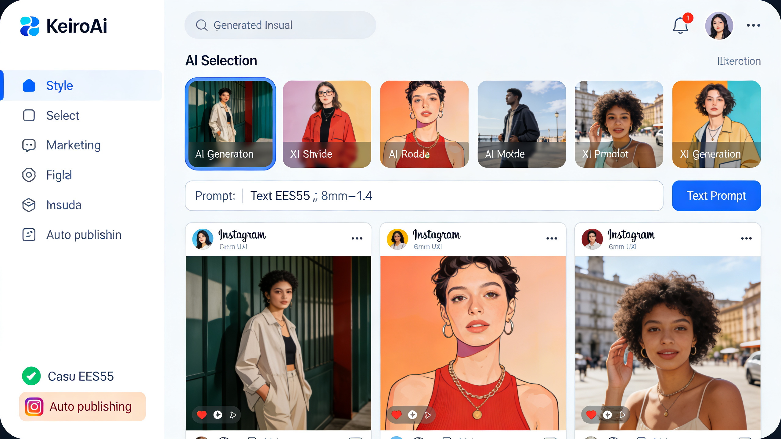 Interface utilisateur de KeiroAI montrant la génération de visuels marketing par IA pour un freelance. L'écran affiche des options de style, des prompts de texte et des exemples de visuels générés pour Instagram, avec des icônes de publication automatique. Design épuré et intuitif.