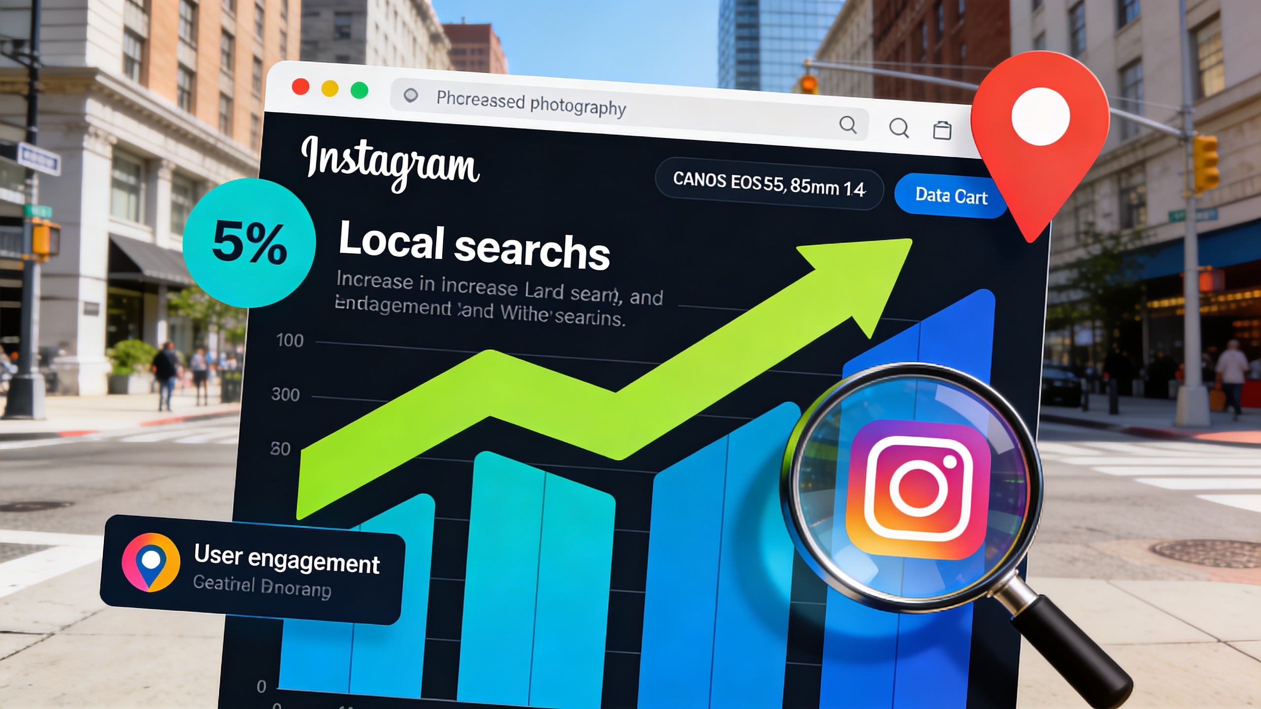 Graphique de données Instagram montrant une augmentation des recherches locales et de l'engagement, avec des icônes de loupe et de localisation, style infographie moderne et épurée, couleurs vives, composition dynamique