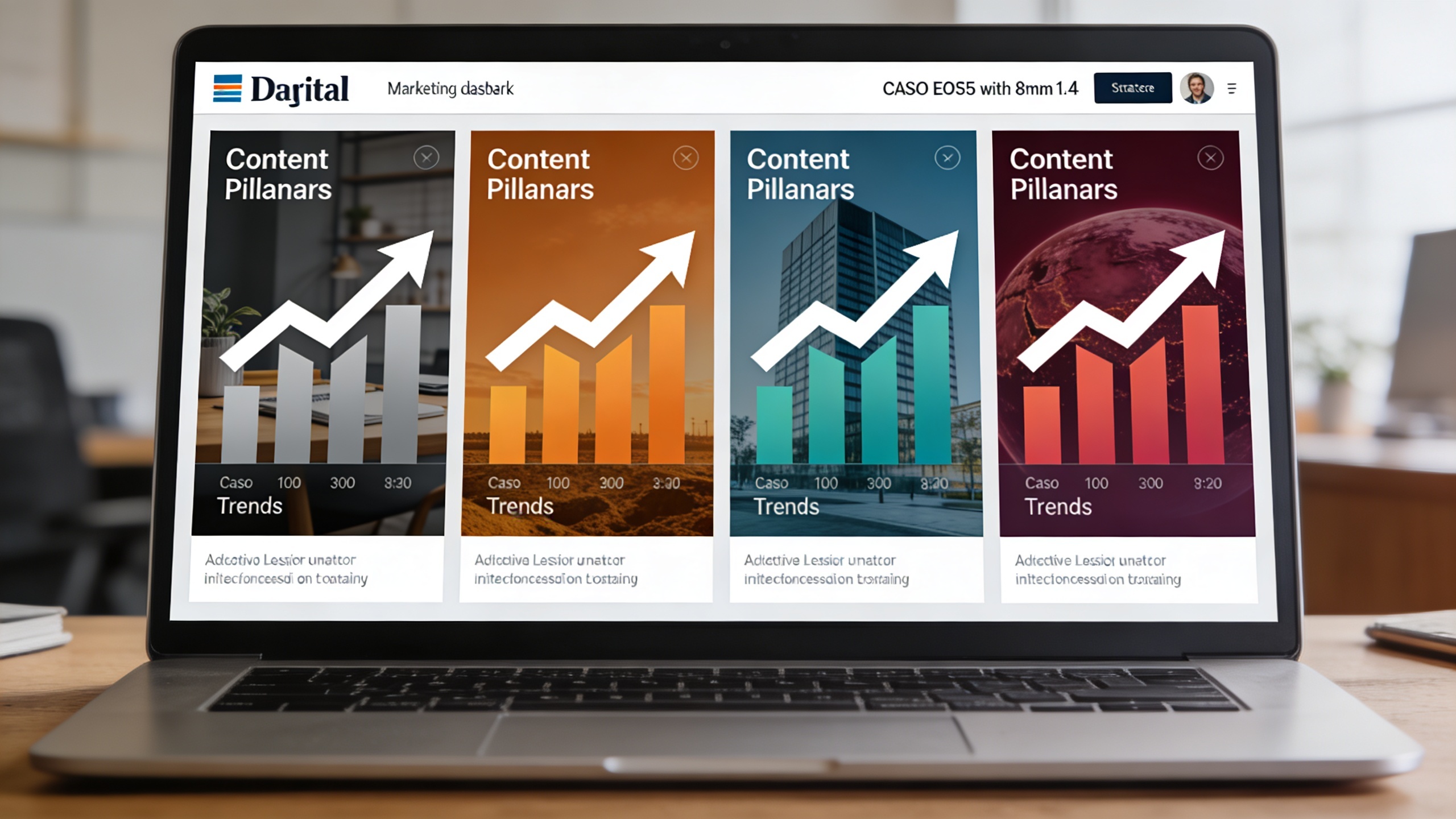 Tableau de bord marketing digital affichant les quatre piliers de contenu (éducatif, inspirant, divertissant, promotionnel) avec des pourcentages et des flèches de croissance, sur un écran d'ordinateur portable, ambiance professionnelle et stratégique, lumière de bureau, composition claire