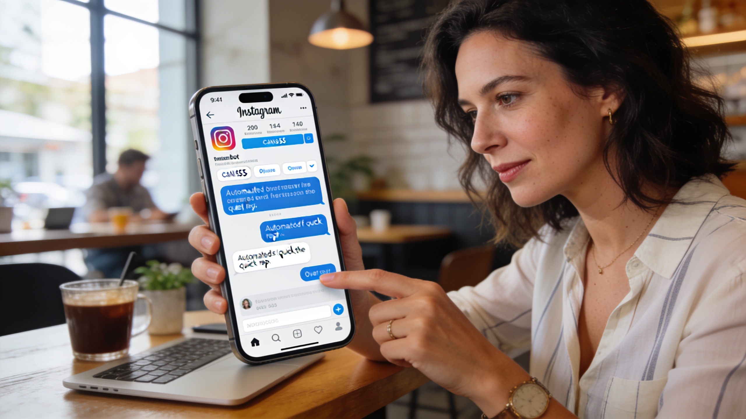 Freelance interagissant avec un chatbot Instagram sur son smartphone, affichant des messages automatisés et des options de réponse rapide, dans un cadre dynamique et moderne, style photo réaliste, lumière du jour, composition mettant en avant la technologie