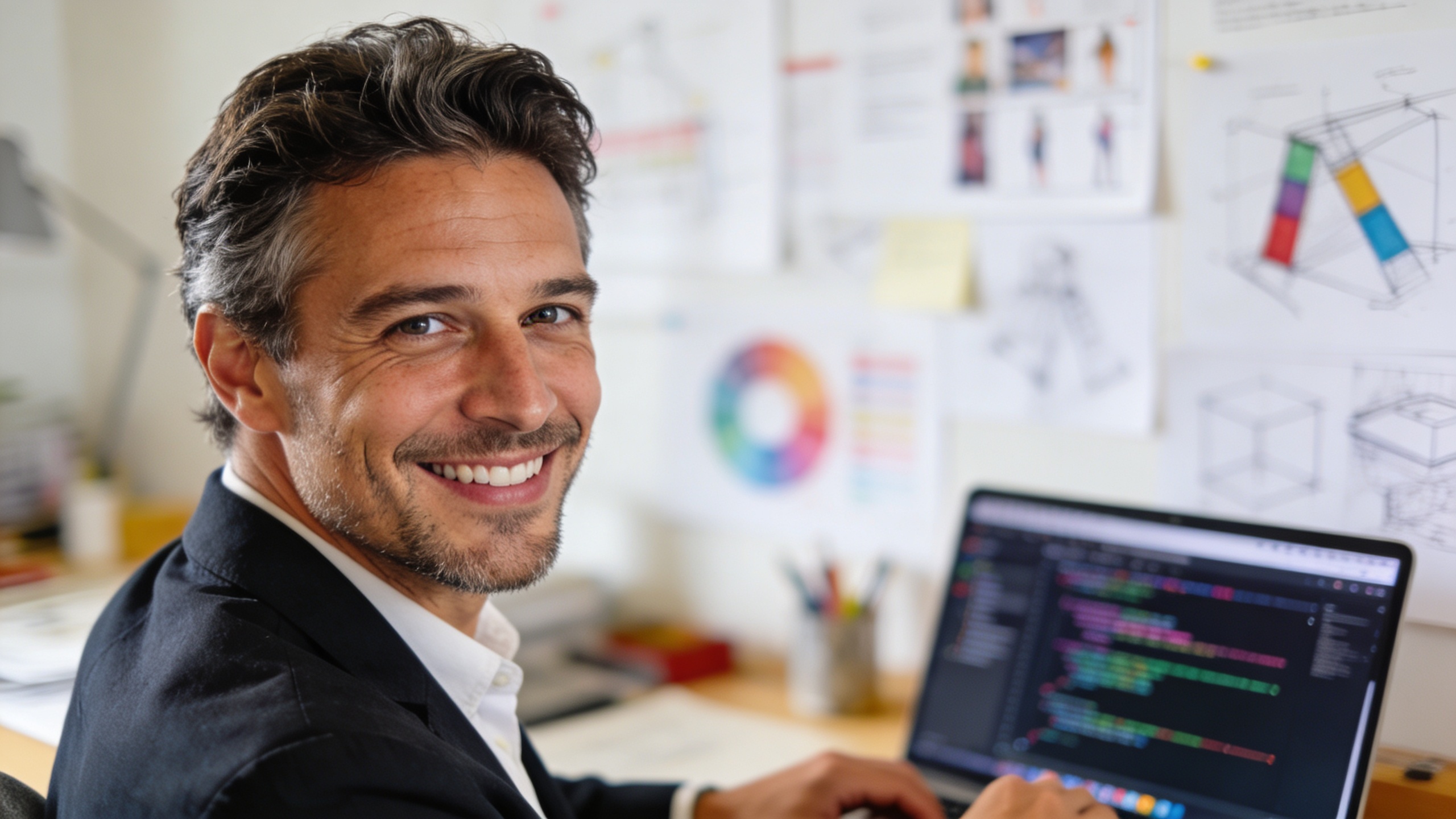 Portrait d'un freelance charismatique, souriant et engagé, regardant directement l'objectif, avec un arrière-plan flou de son environnement de travail créatif, style photo éditorial de marque, lumière douce, composition dynamique