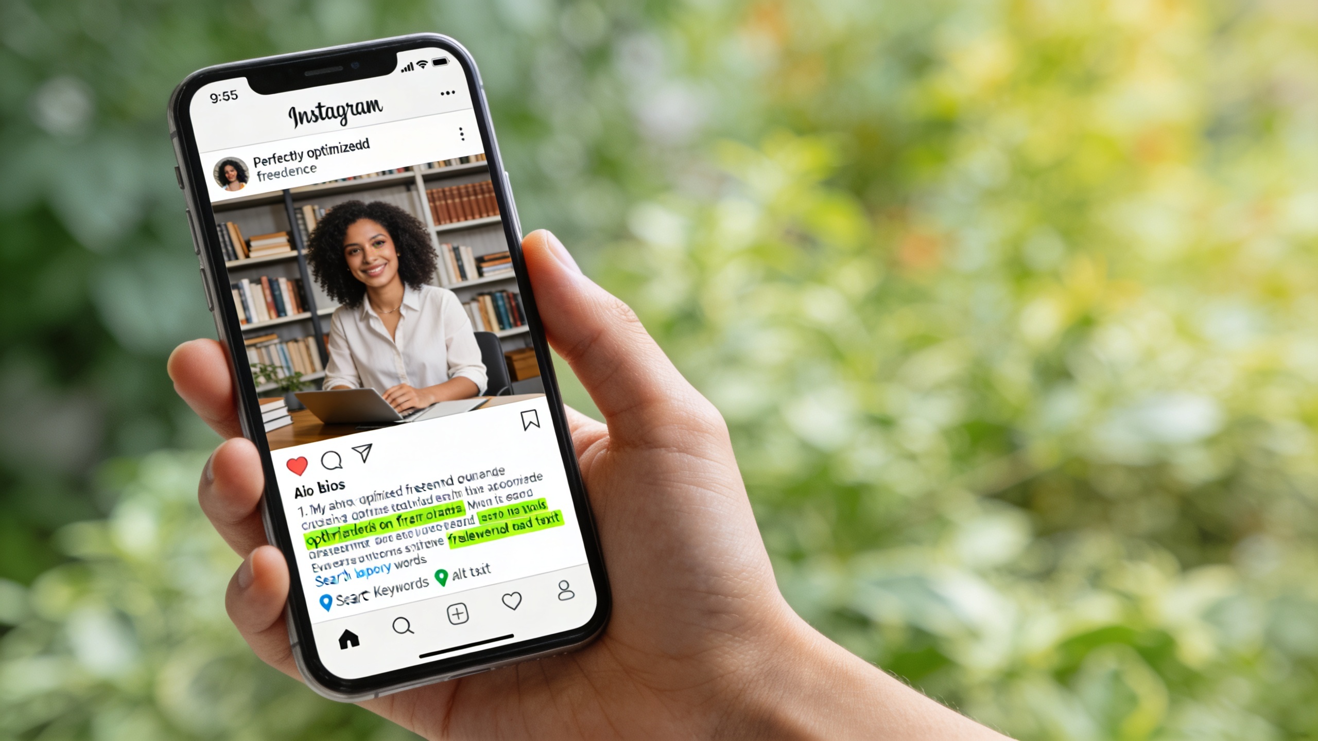 Écran de smartphone affichant un profil Instagram de freelance optimisé avec des mots-clés dans la bio, des légendes descriptives et un texte alt. Interface utilisateur propre et moderne, avec des icônes de recherche et de géolocalisation en évidence.