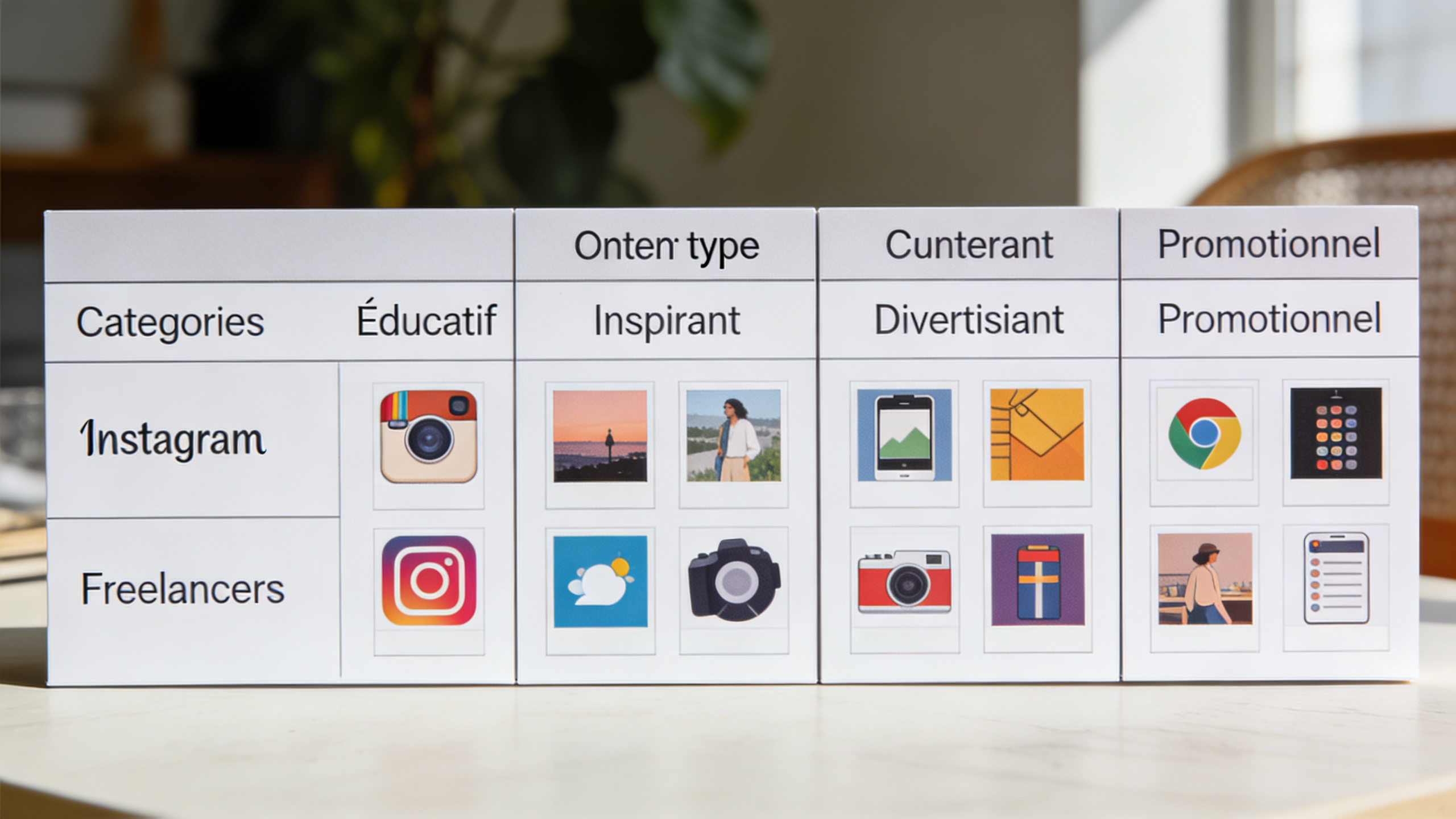 Tableau comparatif des types de contenu Instagram pour freelance : Éducatif, Inspirant, Divertissant, Promotionnel, avec des exemples visuels pour chaque catégorie. Design clair et informatif, optimisé pour la lisibilité.