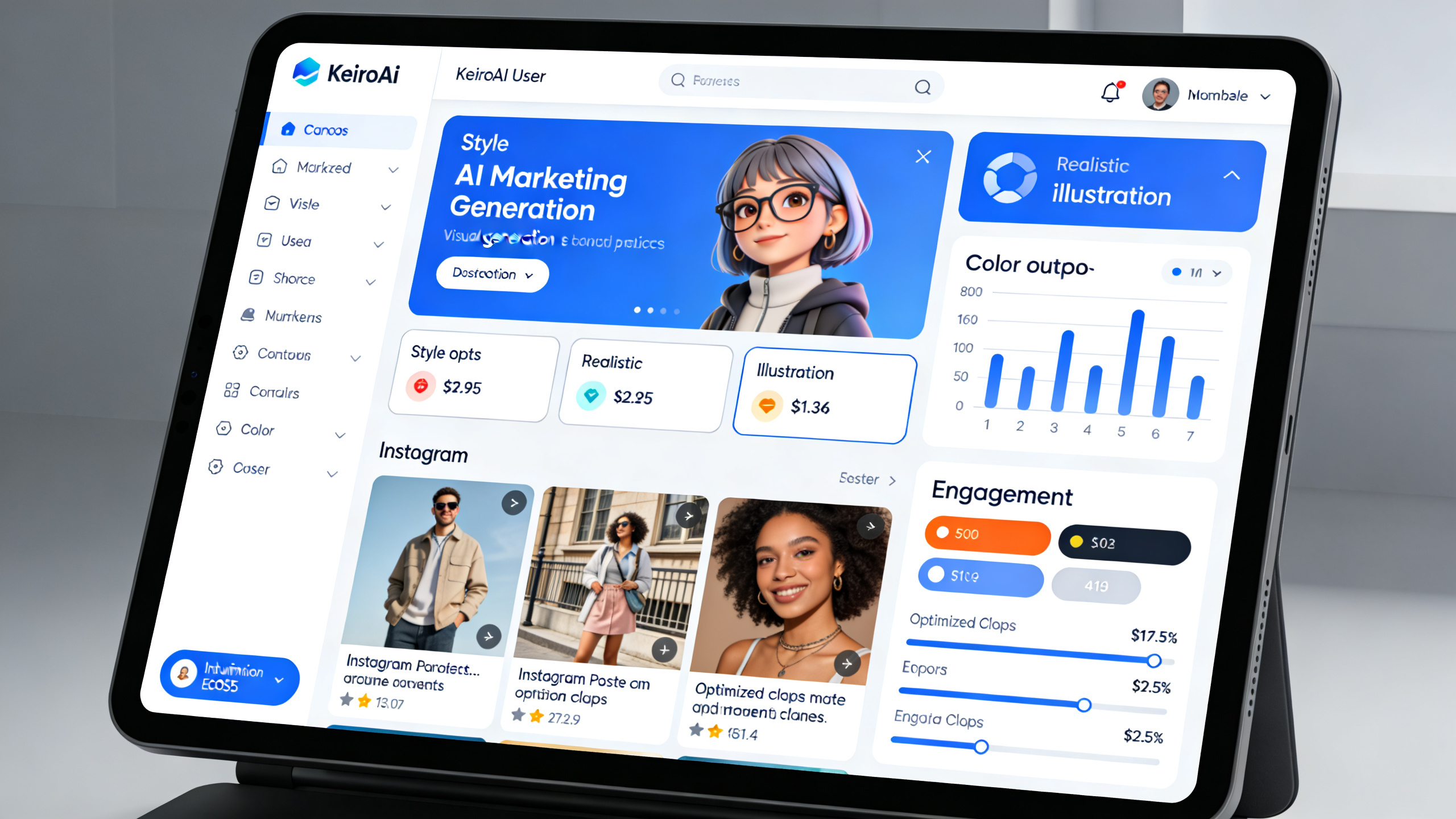 Interface utilisateur de KeiroAI montrant la génération de visuels marketing par IA avec différentes options de style et de couleurs. L'écran affiche des aperçus de posts Instagram, des légendes optimisées et des statistiques d'engagement. Design futuriste et intuitif, mettant en valeur la simplicité d'utilisation.