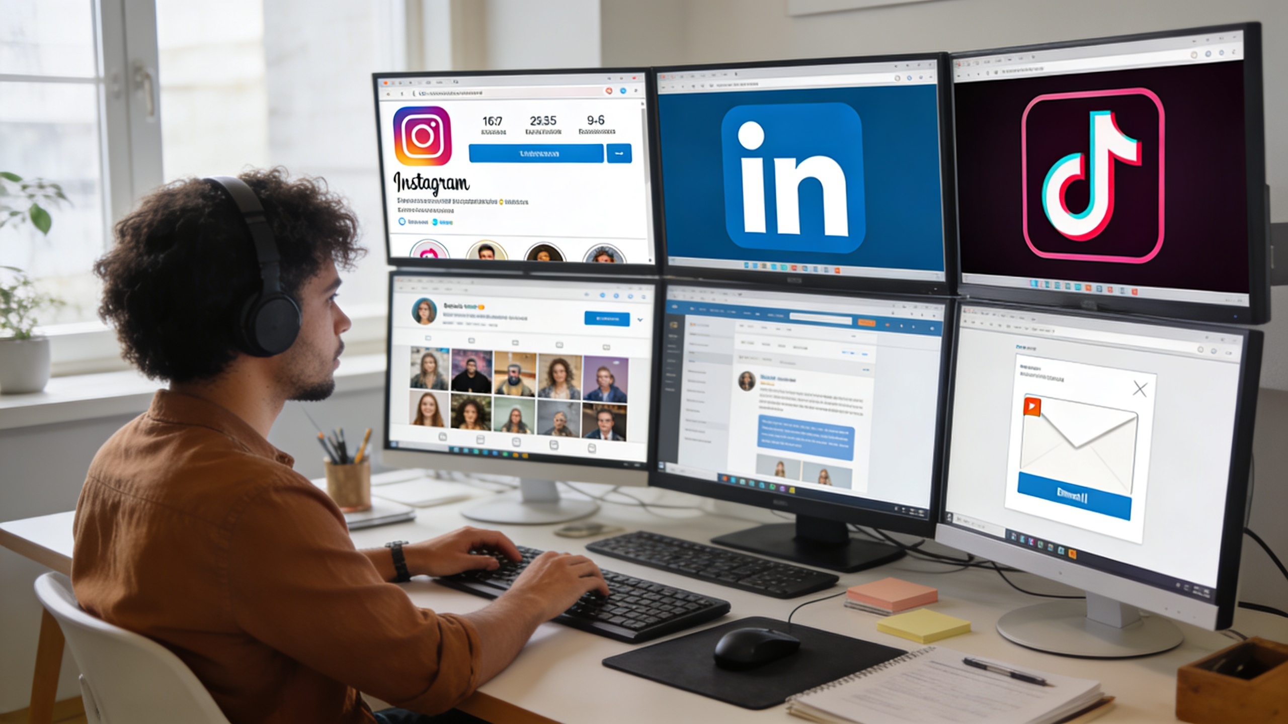 Freelance travaillant sur plusieurs écrans, chacun affichant un réseau social différent (Instagram, LinkedIn, TikTok, Email) avec le logo KeiroAI au centre, symbolisant la gestion multi-plateforme. Ambiance de travail efficace et organisée, avec des outils numériques modernes.