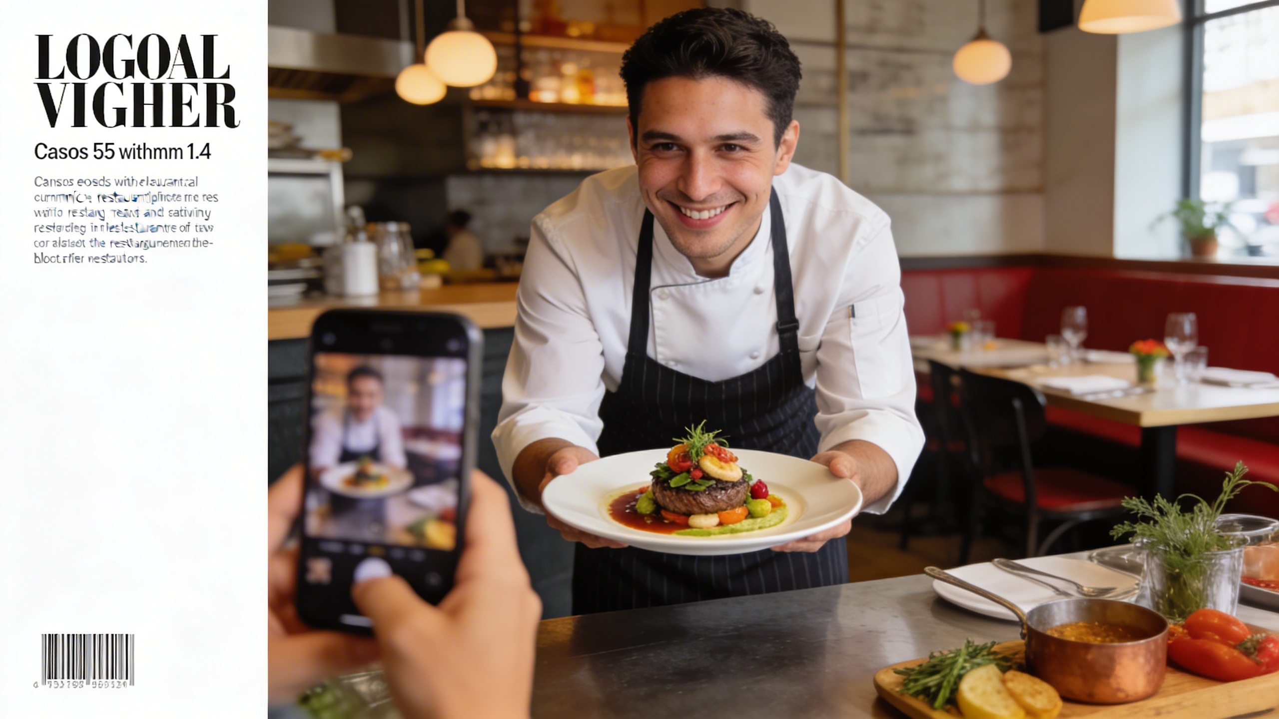 Chef cuisinier souriant présentant un plat gastronomique magnifiquement dressé, pris en photo avec un smartphone, lumière douce et naturelle, ambiance de restaurant haut de gamme. Style photo éditorial, composition dynamique, couleurs vives et appétissantes.