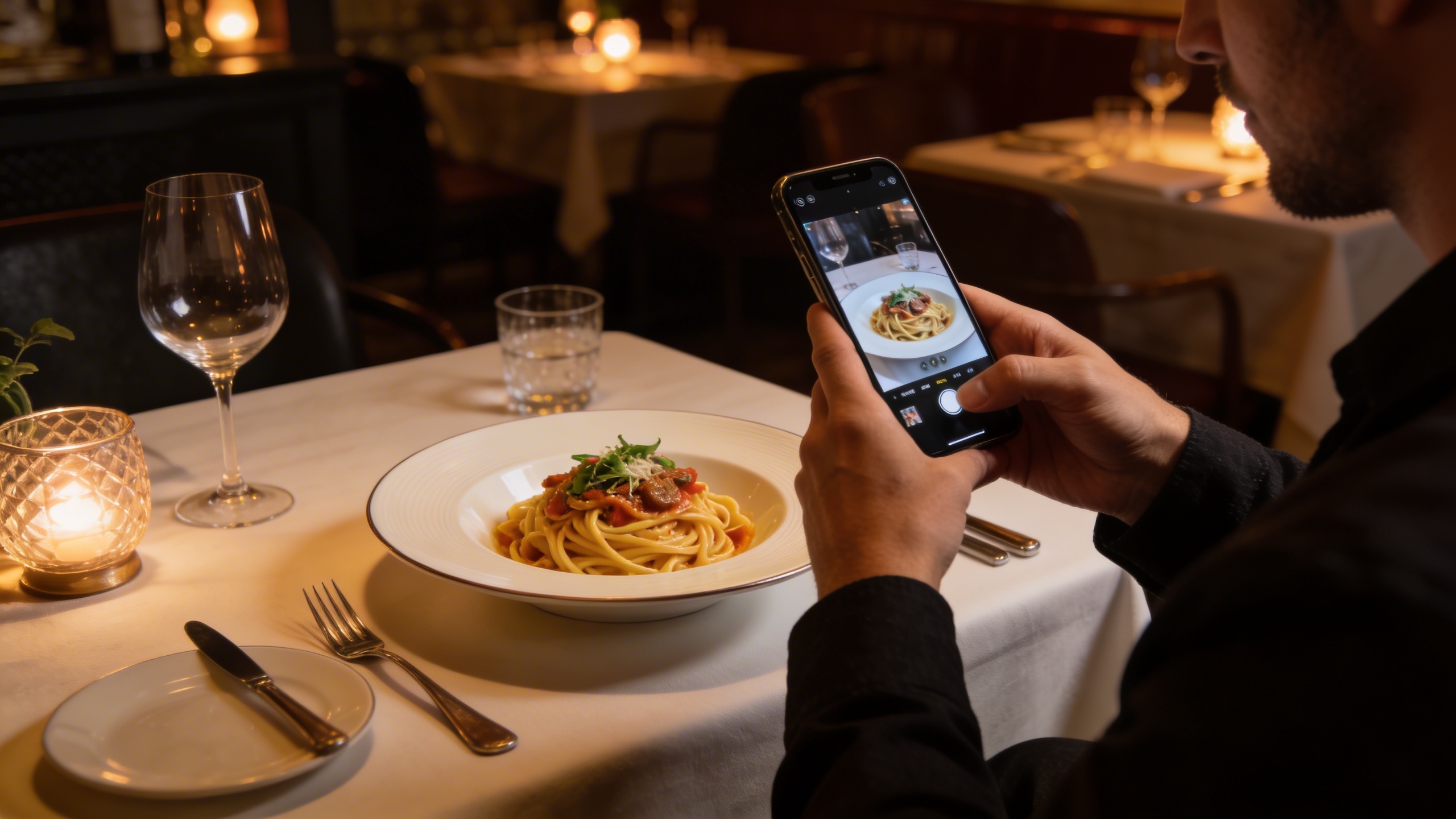 Client photographiant un plat de pâtes italiennes dans un restaurant élégant, avec un smartphone, lumières tamisées et ambiance chaleureuse. Le plat est mis en valeur par un éclairage doux, style photo réaliste, couleurs riches et profondes, composition immersive.