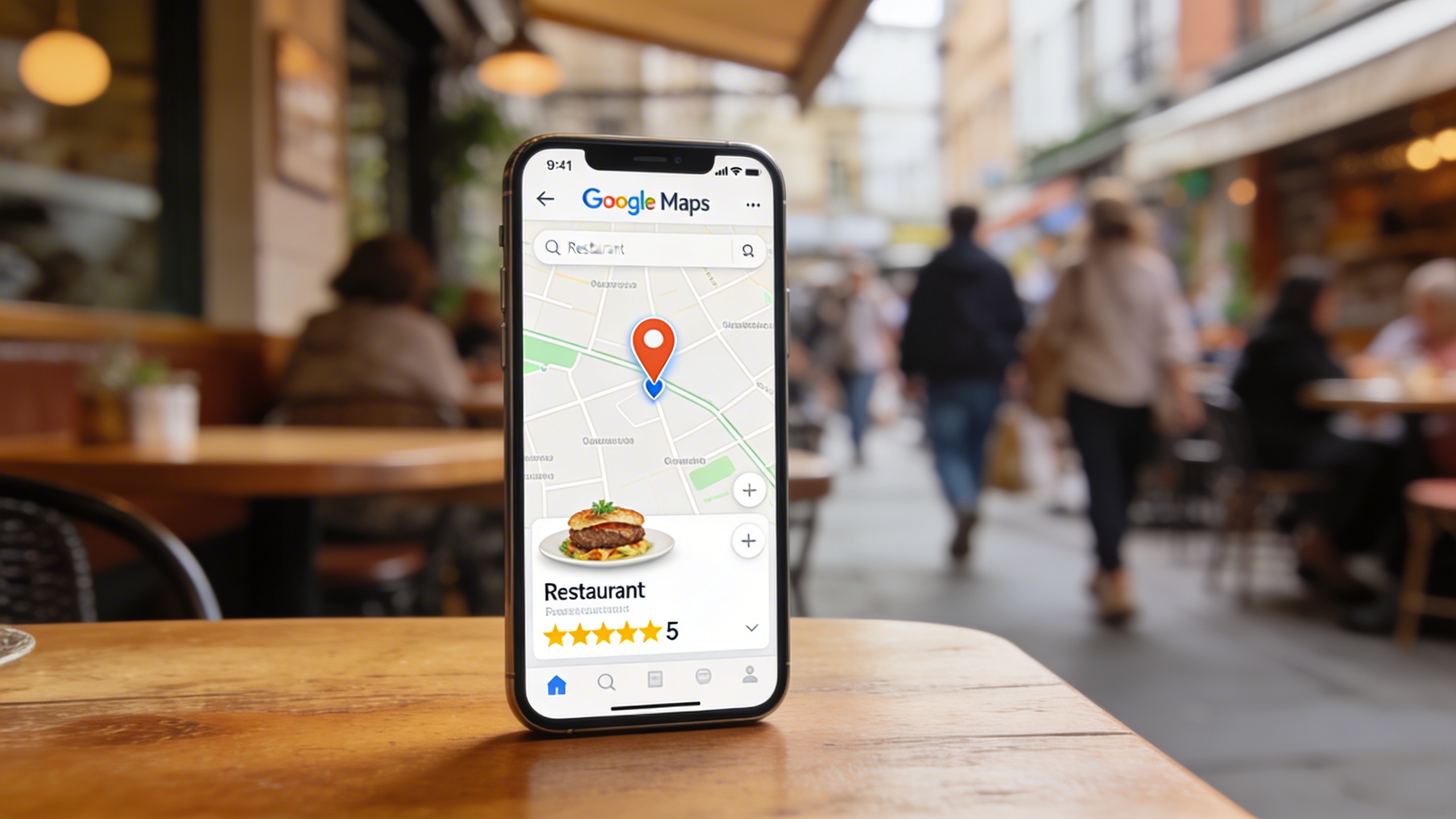 Smartphone affichant l'application Google Maps avec un pin de restaurant et des avis 5 étoiles, sur une table en bois d'un café animé, avec des passants flous en arrière-plan. Style photo réaliste, lumière du jour, composition claire et informative.