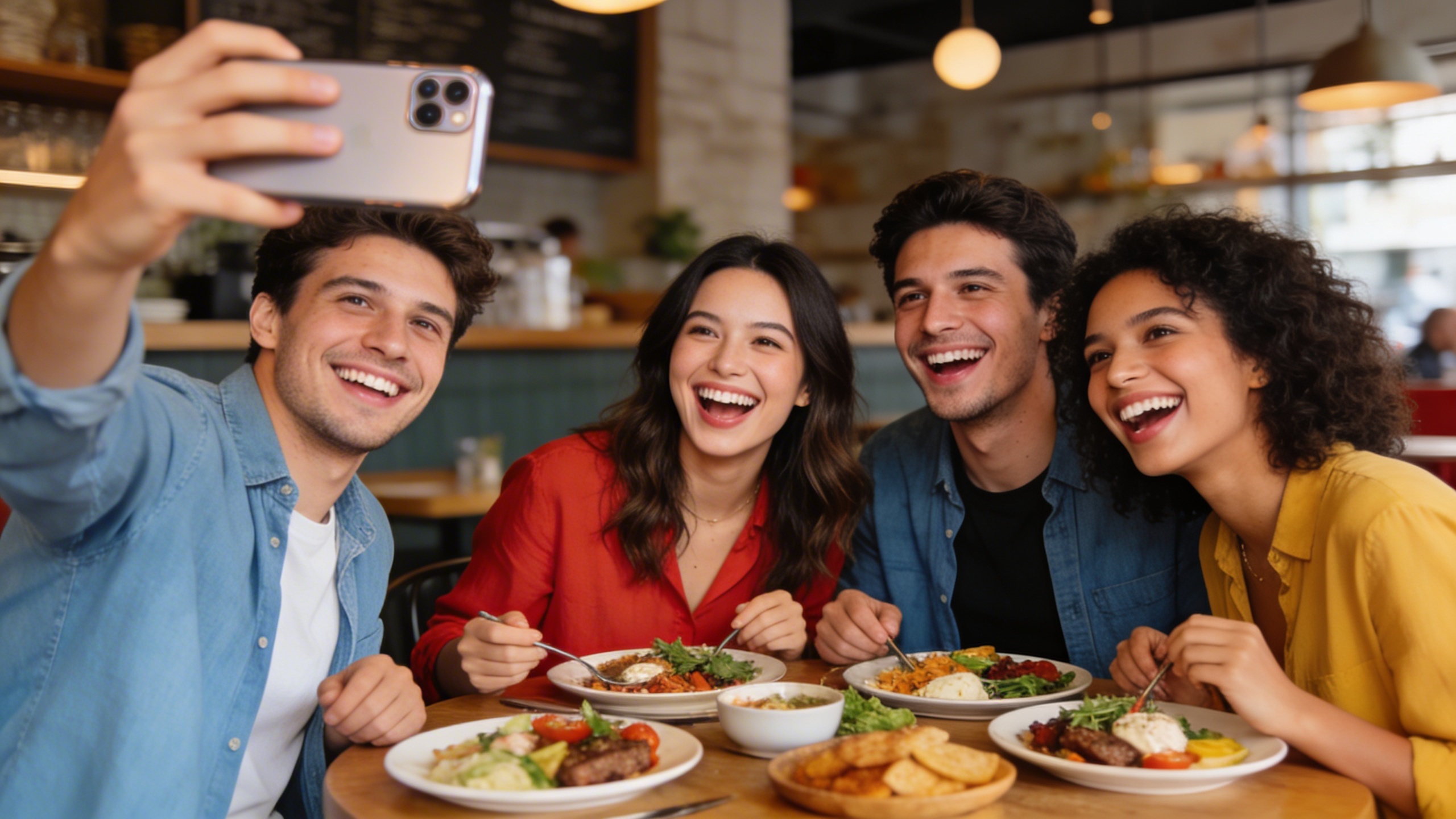 Groupe d'amis riant et partageant des plats dans un restaurant branché, capturant le moment avec un smartphone pour Instagram. Ambiance joyeuse et conviviale, lumière chaude, style photo éditorial magazine, composition naturelle.