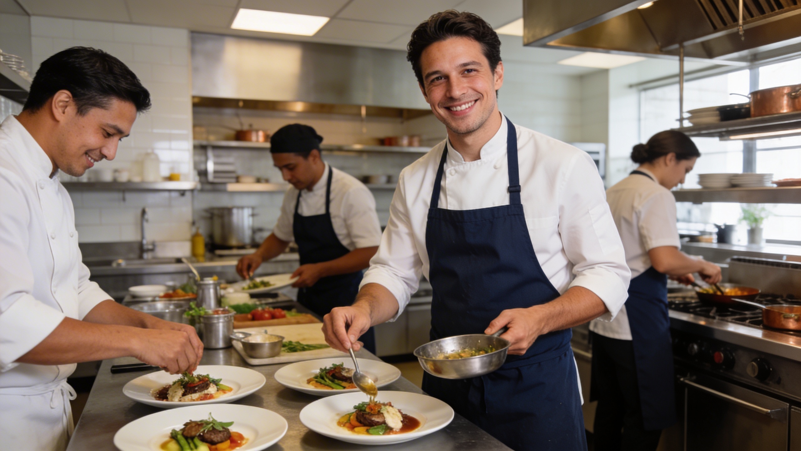 Équipe de cuisine professionnelle et souriante préparant des plats dans une cuisine de restaurant moderne et impeccable, capturée dans un style photo éditorial, lumière naturelle, ambiance de travail dynamique et harmonieuse.