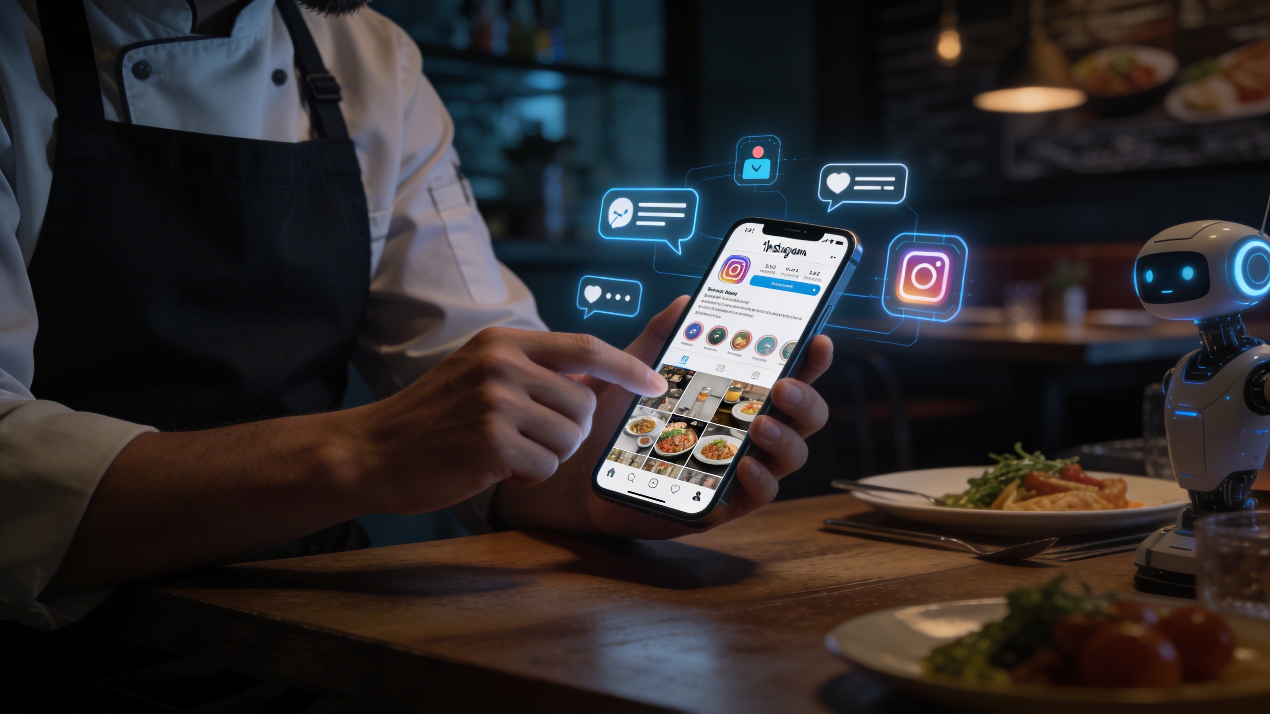 Propriétaire de restaurant utilisant une interface d'application mobile pour automatiser les publications Instagram et les réponses aux messages, avec des icônes d'IA flottant autour de l'écran, dans un environnement de travail efficace et moderne. Style futuriste mais réaliste, lumière tamisée, composition technologique.