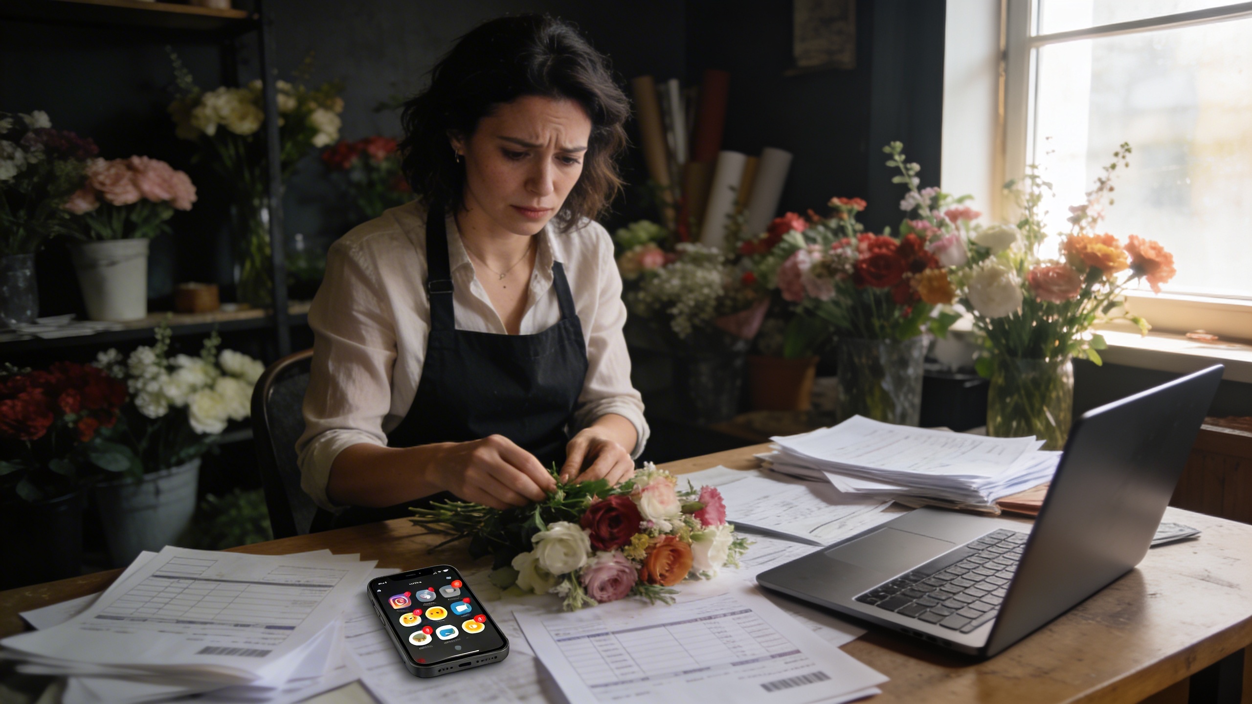 Fleuriste débordée, entourée de papiers et d'un ordinateur portable, l'air stressé. Gros plan sur ses mains manipulant des fleurs, avec un smartphone affichant des tâches marketing non faites. Ambiance un peu sombre, réaliste, lumière douce du matin, montrant le stress du quotidien.