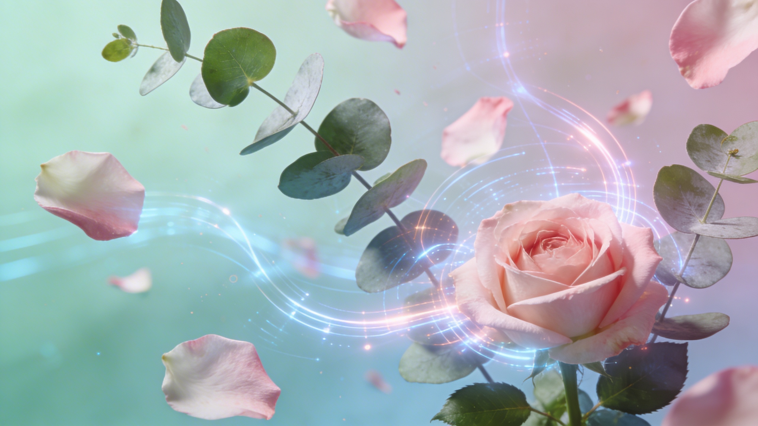 Une intelligence artificielle sous forme de lumière douce et abstraite se mêlant à des éléments floraux, créant une image harmonieuse et futuriste. Représentation artistique de la synergie IA-création, couleurs pastel, ambiance sereine et innovante.