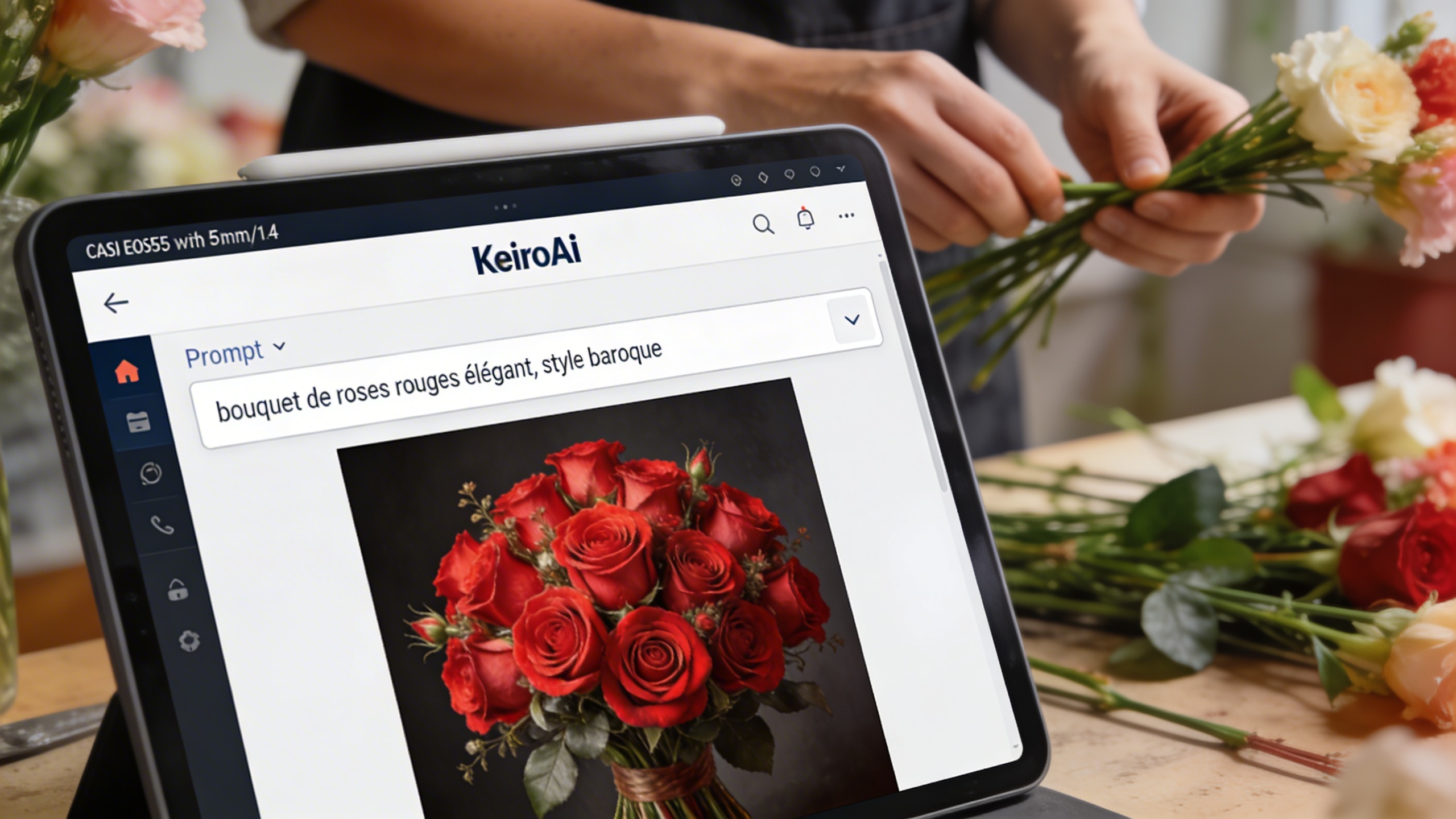 Interface KeiroAI sur un écran d'ordinateur ou de tablette, montrant un prompt 'bouquet de roses rouges élégant, style baroque' et le résultat : une image de bouquet générée par IA de haute qualité, prête à être publiée. Mains de fleuriste en arrière-plan, lumière douce.