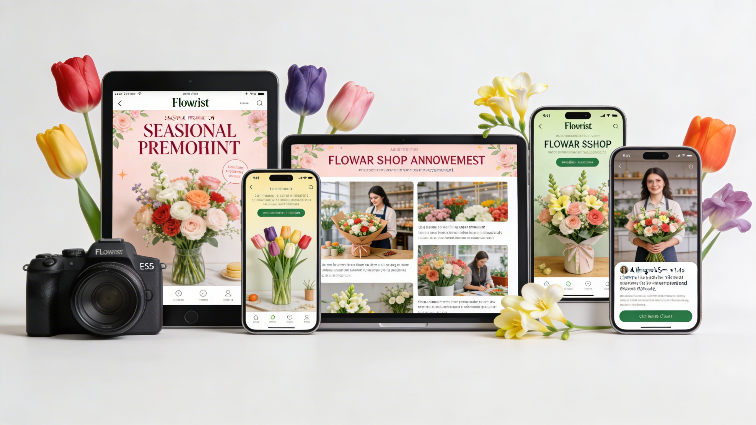 Un collage dynamique de différents types de visuels marketing générés par IA pour un fleuriste : une promotion, une annonce d'atelier, une photo de produit, un témoignage client, tous sur des écrans de téléphone et tablette, avec des fleurs en arrière-plan. Couleurs vives et modernes.