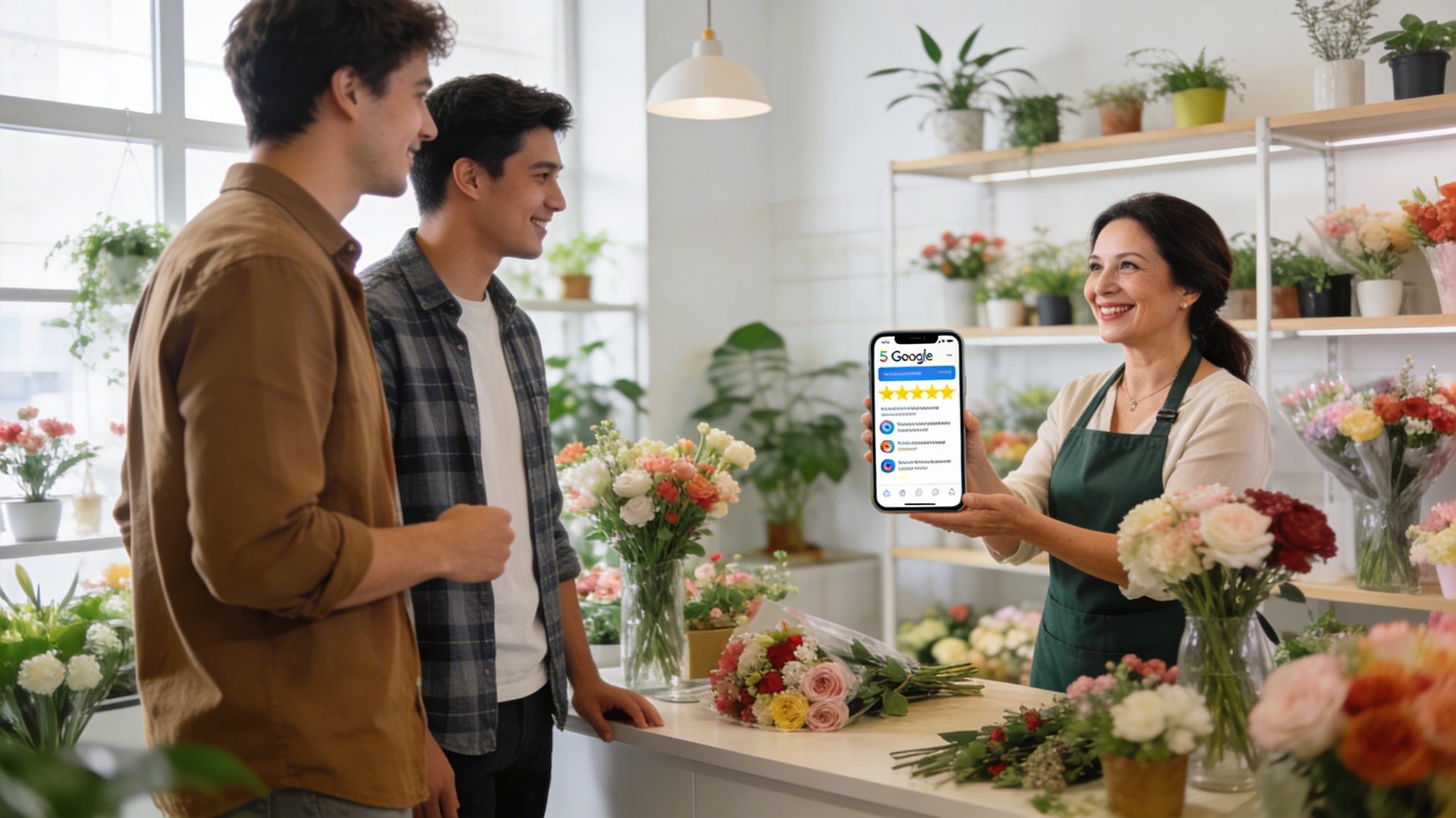 Une fleuriste souriante qui interagit avec des clients dans une boutique moderne et lumineuse, son smartphone affichant des avis Google 5 étoiles et des mentions sur les réseaux sociaux. Ambiance conviviale et succès local, style photo éditorial magazine.