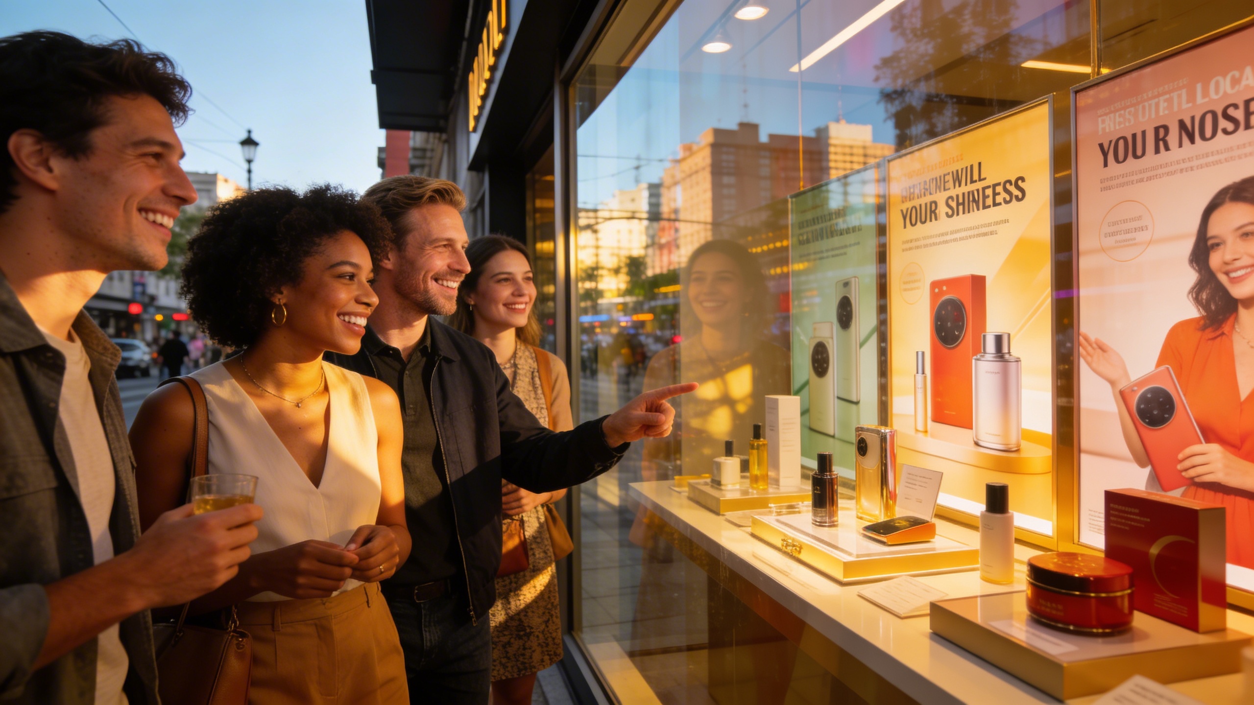 Un groupe de clients souriants et engagés, admirant une vitrine de commerce local moderne et bien éclairée. La vitrine affiche des promotions attractives et des visuels de produits de haute qualité. L'atmosphère est vivante et positive, avec des reflets subtils de la ville. Style photo éditorial magazine, lumière naturelle.