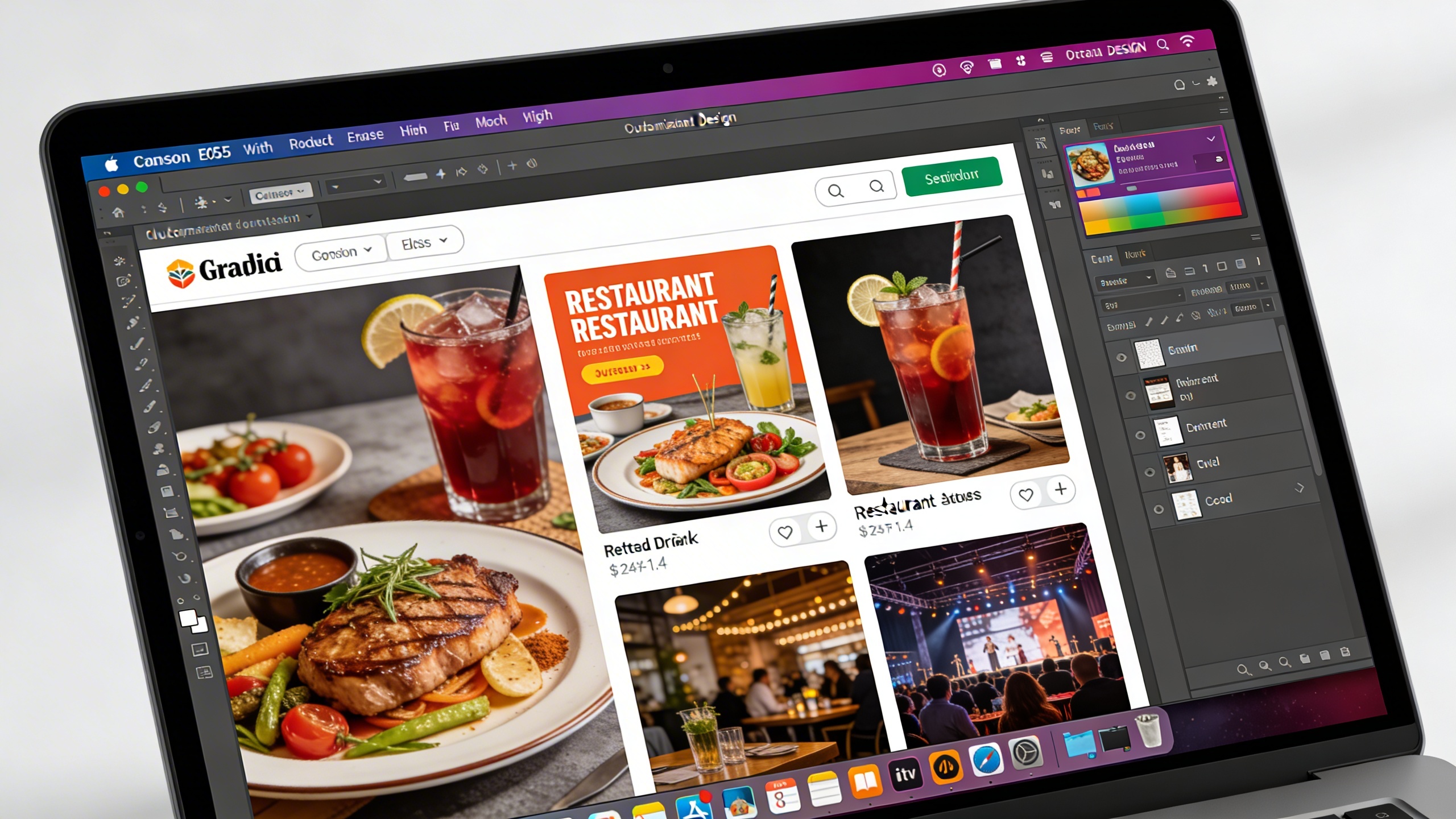 Interface utilisateur simplifiée d'un logiciel de design graphique convivial, présentant des modèles de posts pour un restaurant. L'écran affiche des visuels attrayants de plats, des promotions de boissons et des événements, avec des options de personnalisation faciles d'accès. L'interface est moderne et colorée, mettant en avant l'accessibilité pour les non-graphistes. Style graphique épuré et engageant.