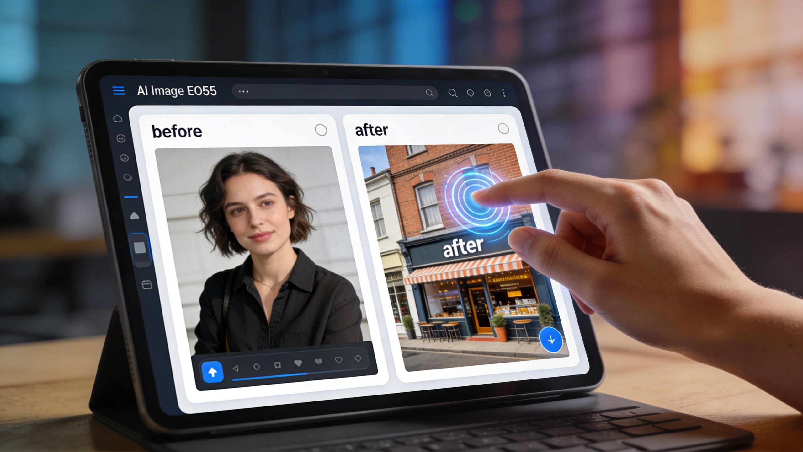 Une main élégante interagissant avec une interface de génération d'images par IA sur une tablette. L'écran montre un 'avant' avec une image générique et un 'après' avec un visuel marketing très personnalisé et de haute qualité pour un commerce local, mettant en évidence la transformation créative. L'arrière-plan est flou, soulignant la technologie au premier plan. Style photo réaliste et futuriste.