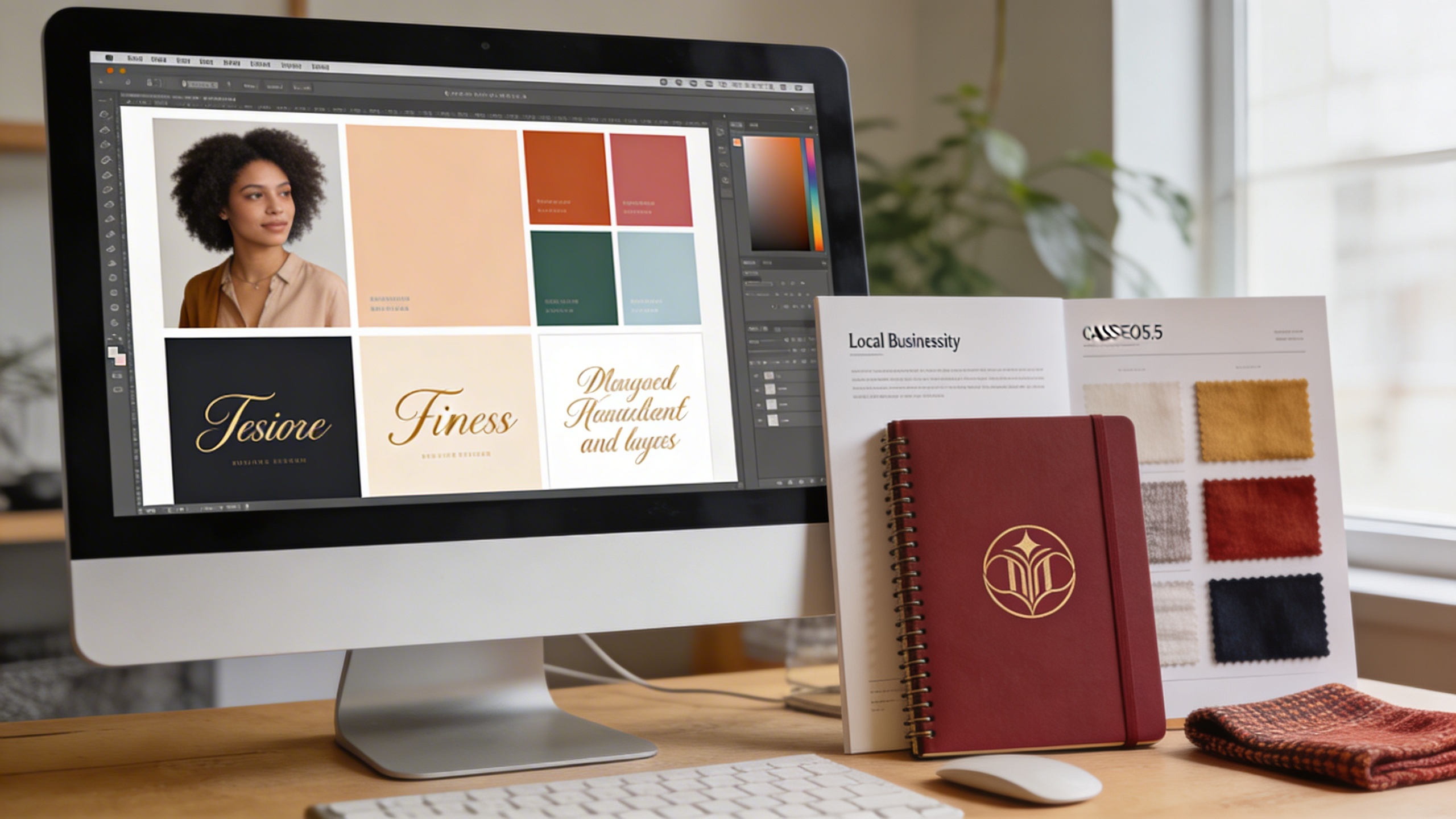 Un écran d'ordinateur affichant une interface de design graphique avec des palettes de couleurs harmonieuses et des exemples de typographies élégantes. À côté de l'écran, des échantillons de matériaux et des objets reflétant l'identité visuelle d'un commerce local (par exemple, un carnet de notes avec un logo, un échantillon de tissu). Ambiance créative et organisée, lumière douce. Style photo éditorial, haute qualité.